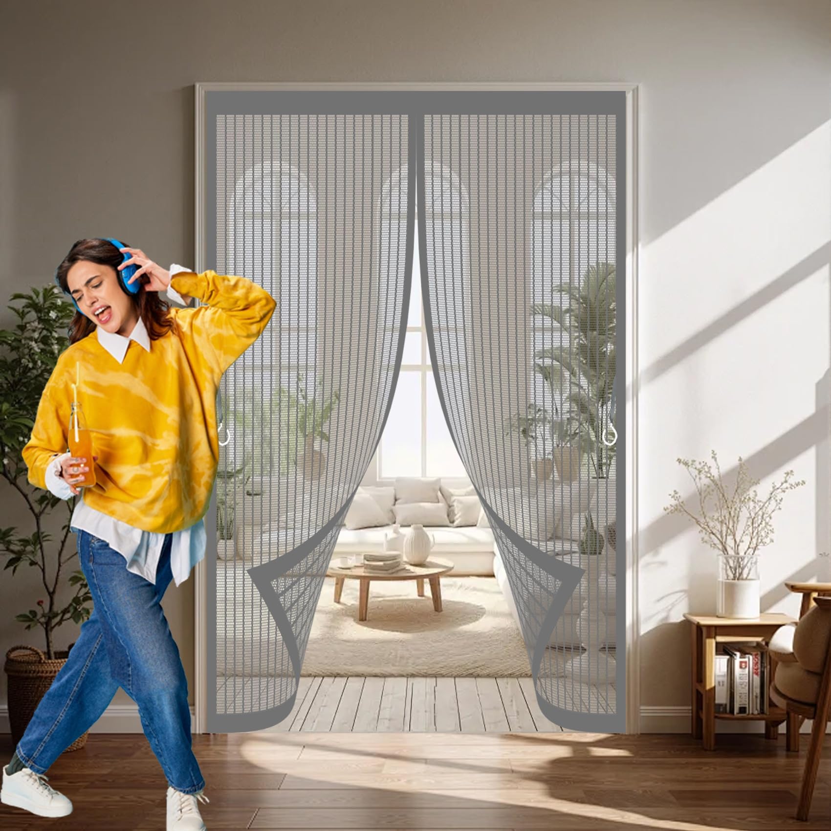 Magnetic Fly Screen Door 115 x 215 cm with Powerful Magnets & Full Frame Magic Tape, Keep Bugs Out & Lets Fresh Air in Mesh Screen Curtain for Patio Doors Balcony, Grey