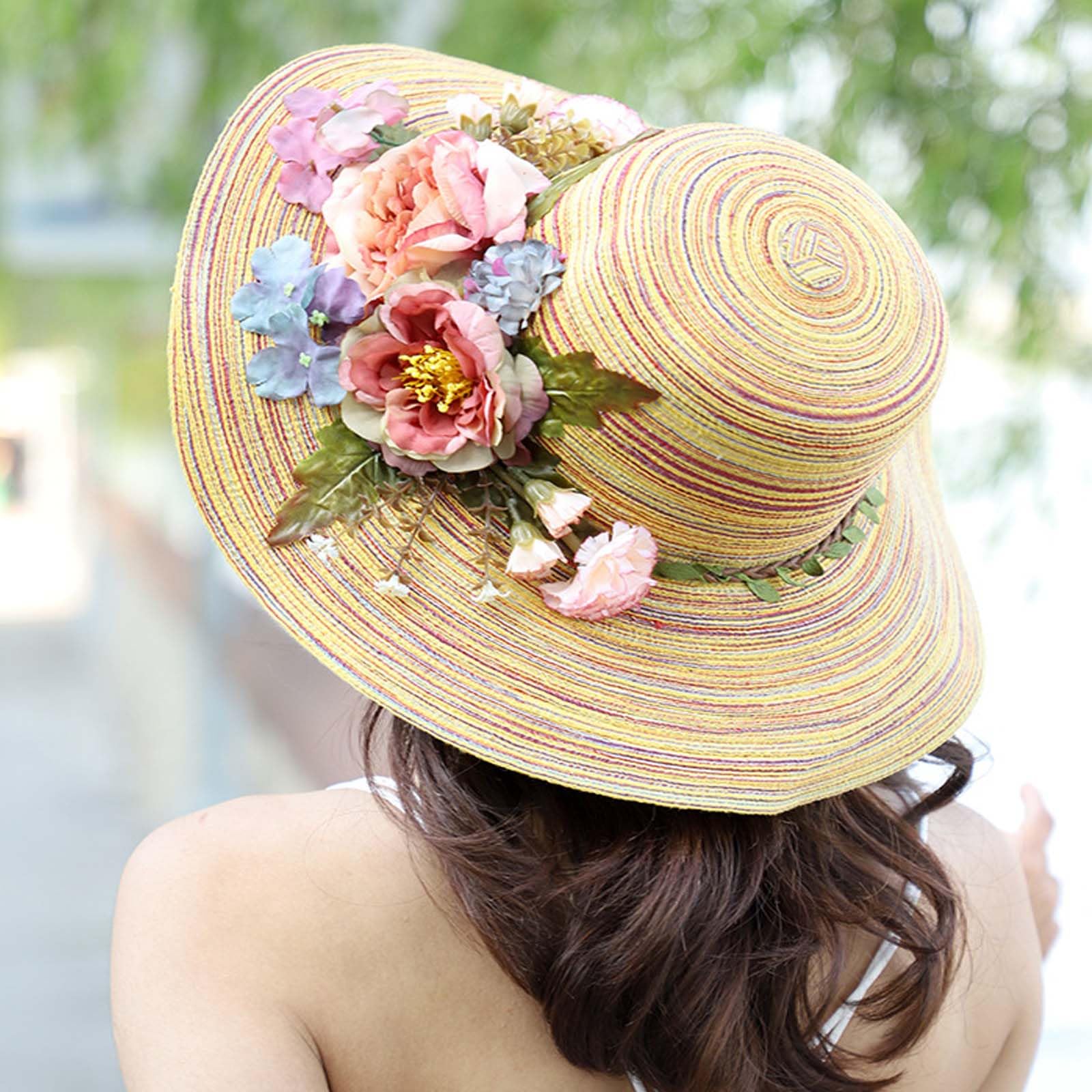 Sombrero de paja hecho a mano con flores de ganchillo para mujer, sombrero de paja de ala ancha, sombrero de paja para el sol, sombrero de sol UPF 50+ protección UV