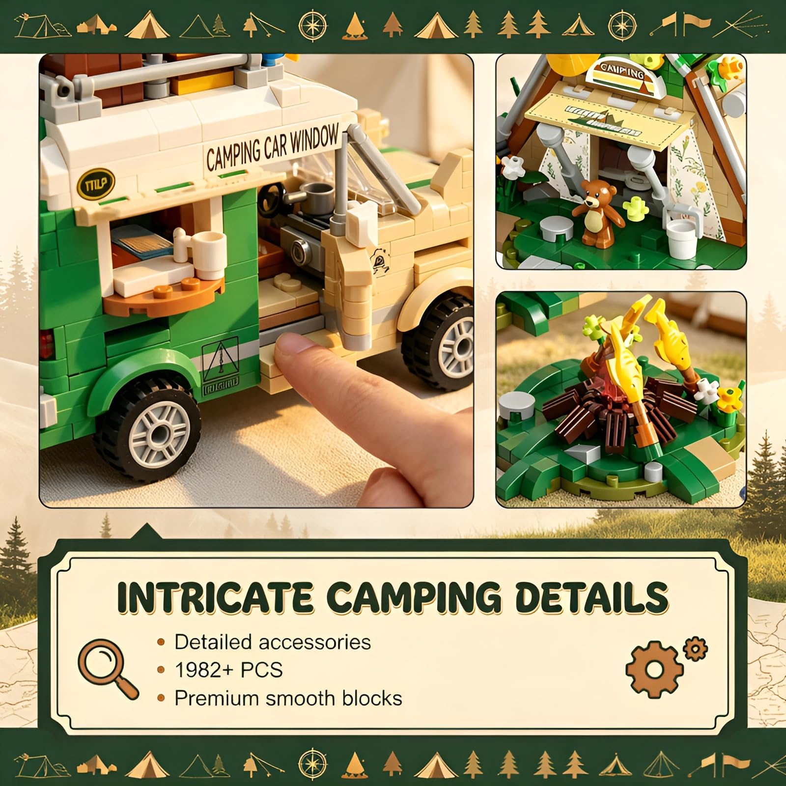 Camper-Van-Mini-Micro-Bausatz mit Campingzelt für draußen Geschenke Deko | 1982Stk Bausatz eine Camping-Szene mit Wohnmobil, Zelt,Grill Lagerfeuer, Modulares Design unzählige Kombinationsmöglichkeiten