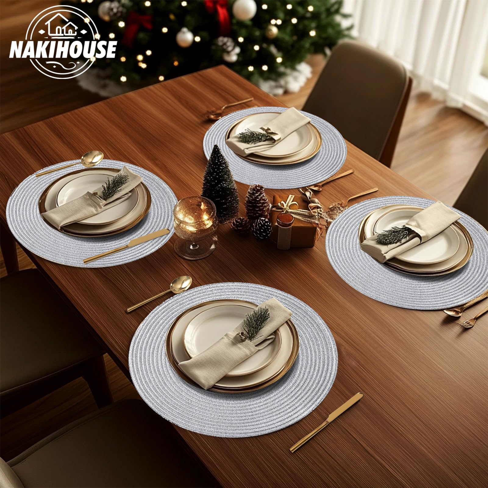Tischsets Abwaschbar Rund Geflochten Silber Tischset 12er Set | 38cm Platzsets Abwischbar, Rutschfest, Hitzebeständig Schmutzabweisend Platzdeckchen für Hochzeit, Restaurant, Küche