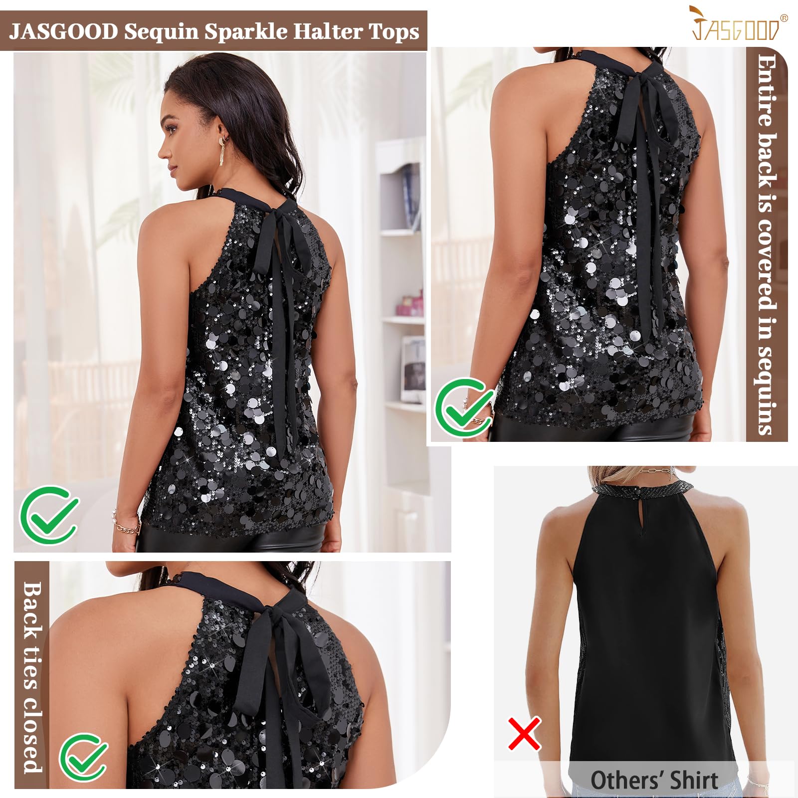 JASGOOD Top da donna con paillettes Halter Top scintillante elegante canotte per feste gilet glitter senza maniche camicia