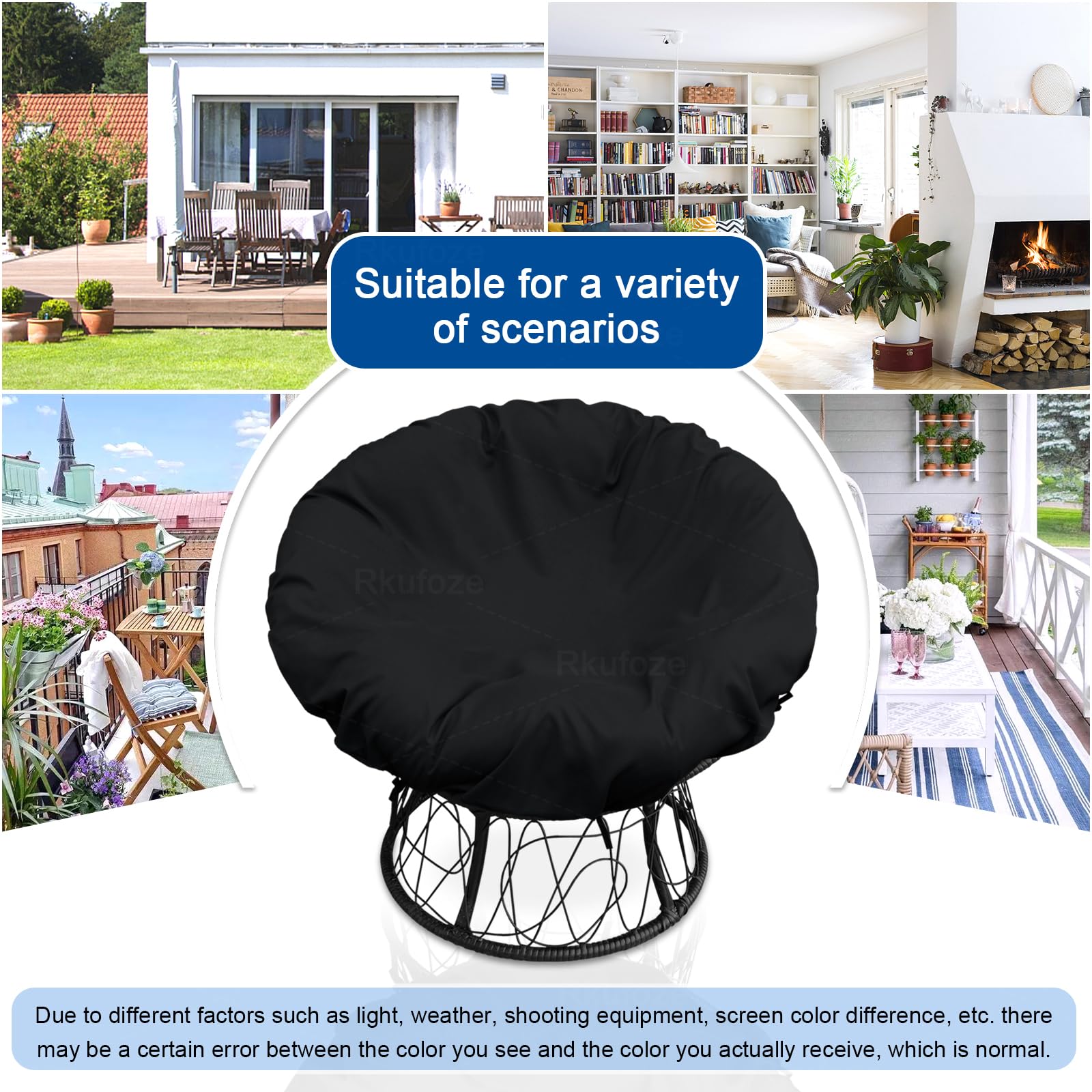 Rkufoze Papasan Chair Cover, 55-Inch Waterproof Papasan Covers with Zipper and Straps, Washable (Black, 55in/140cm)