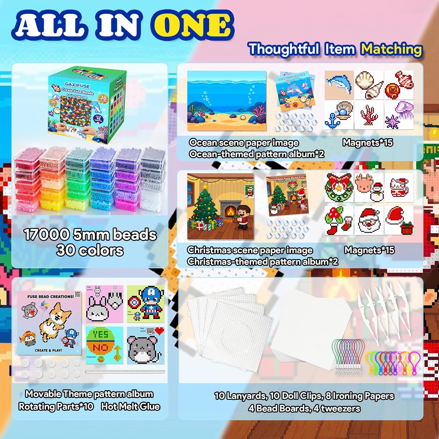 17000 5mm Fuse Beads Kit-30 Colors,Individually Wrapped Iron Beads Set with 120 Patterns,78 Accessories,Room Décor,Pixel Arts and Crafts for Kids Age 5+ - Image 3