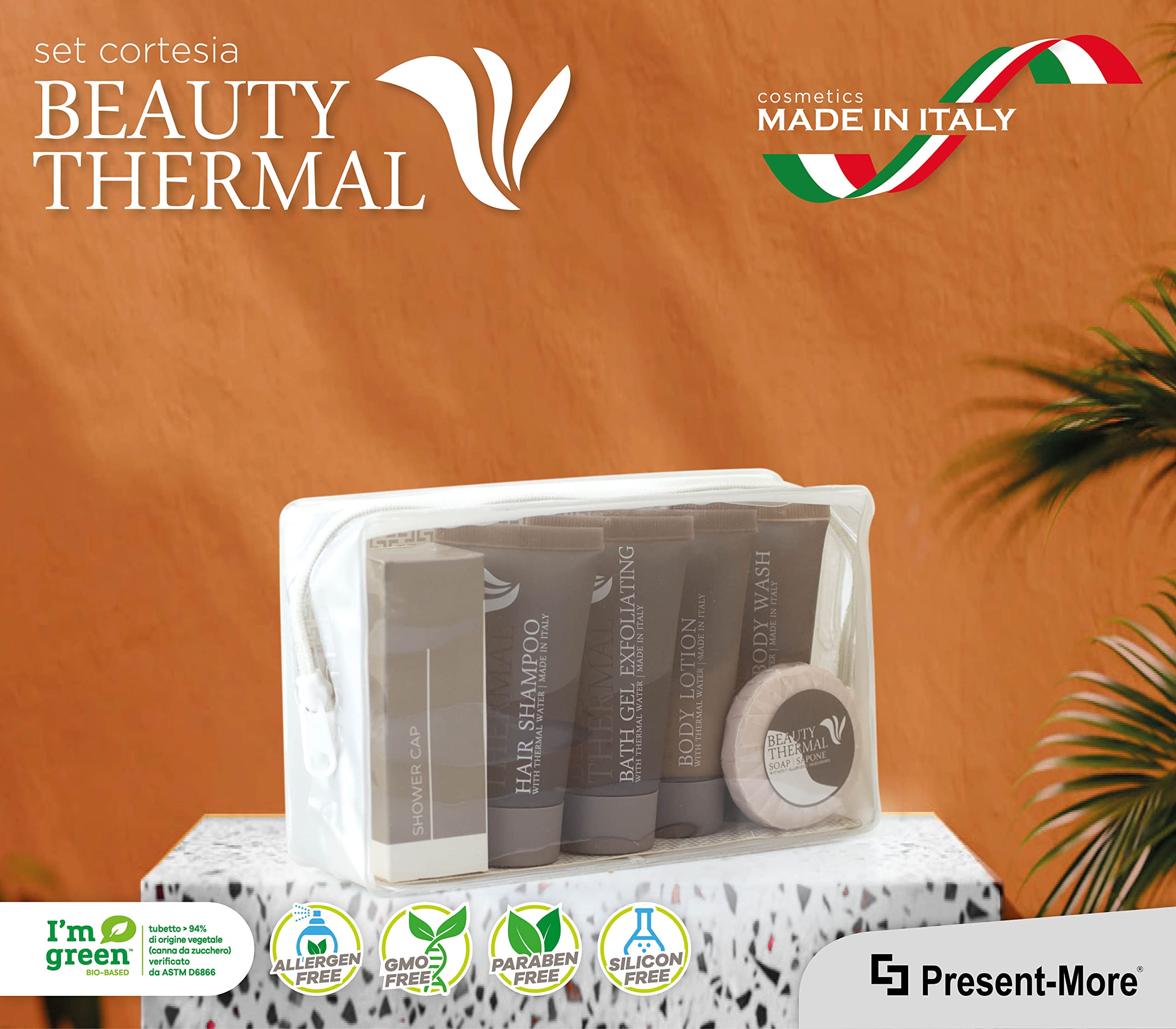 Present-More Amenities Kit Beauty Thermal - Welcome Gift Toilettenartikel 24 Gäste für Hotels und B&B | Allergenfreie Amenities Kit mit Duftnote Orange und Zimt | Duft Orange und Zimt - Shampoo, Duschgel, 2-in-1, Creme, Seife und Zubehör - Made in Italy -