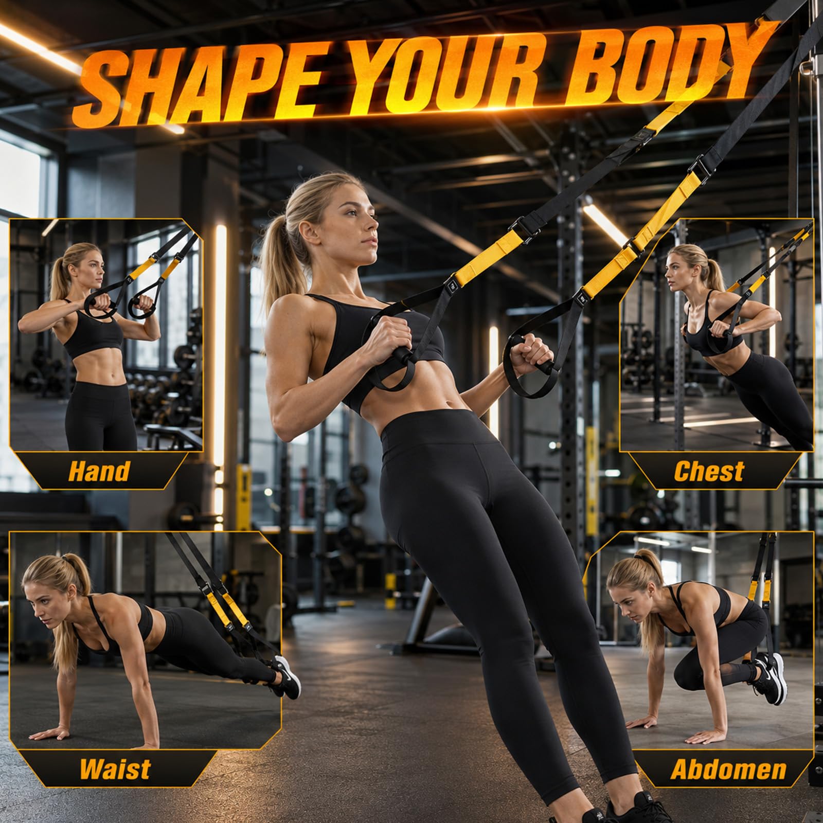 Kit Sling Trainer Multifunzione con Ancoraggio Porta, Nero e Giallo