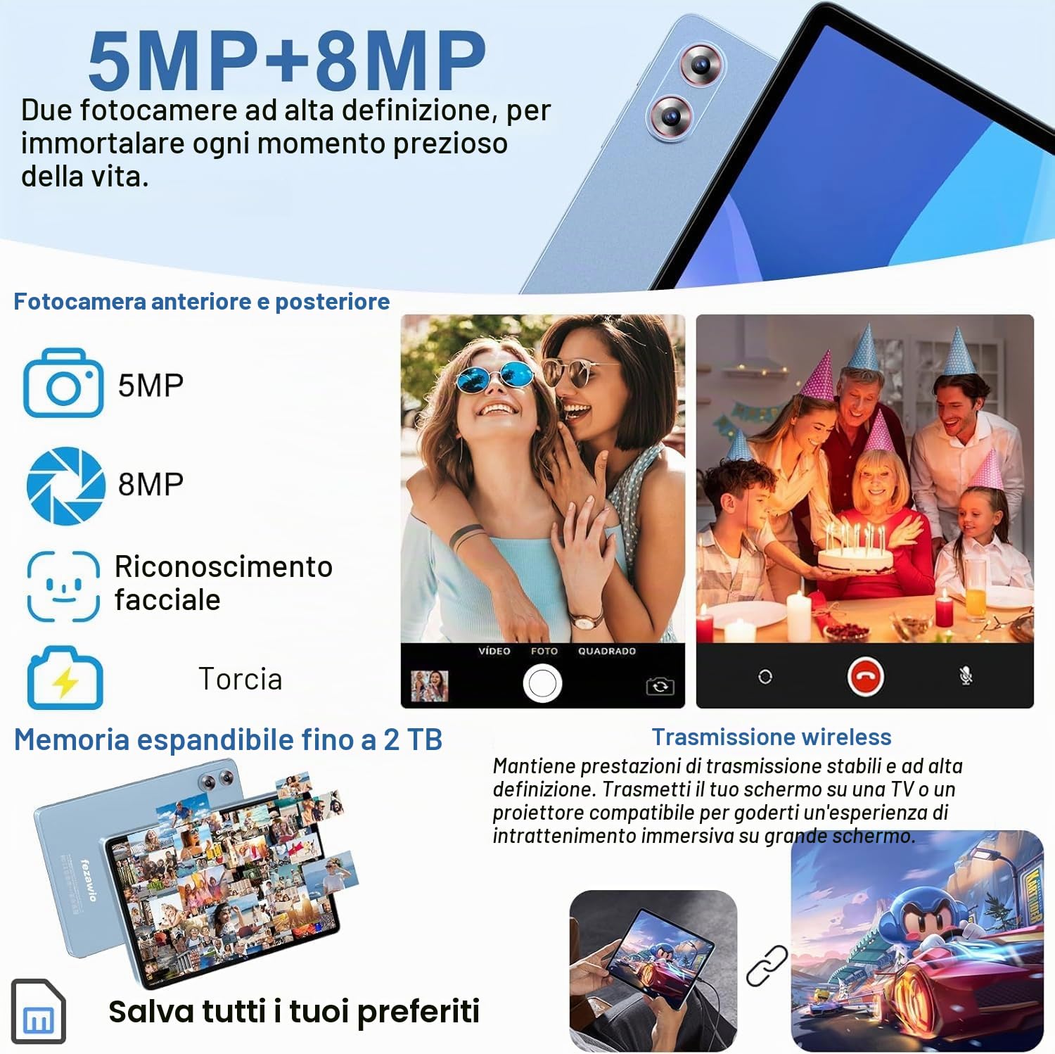 fezawio Tablet Android 15 Gemini AI 10,1 pollici, 30 GB RAM + 128 GB ROM, processore Octa-Core, 8000 mAh, Wi-FI 6, Widevine L1, jack audio 3,5 mm, GPS, con tastiera, mouse e custodia di protezione
