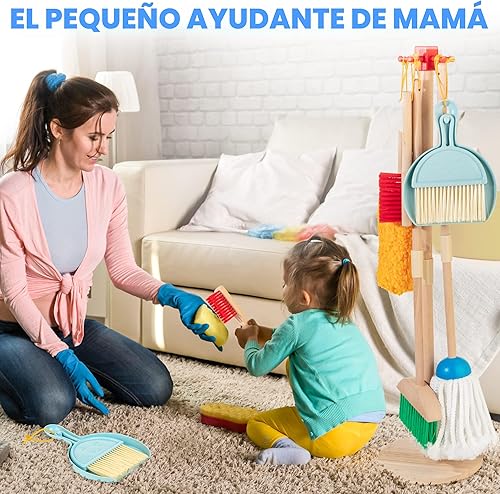 Miniatura 5 de Conjunto de limpieza de madera para niños pequeños, 8 piezas de juguetes de limpieza Montessori con escoba y trapeador para niños, juguete