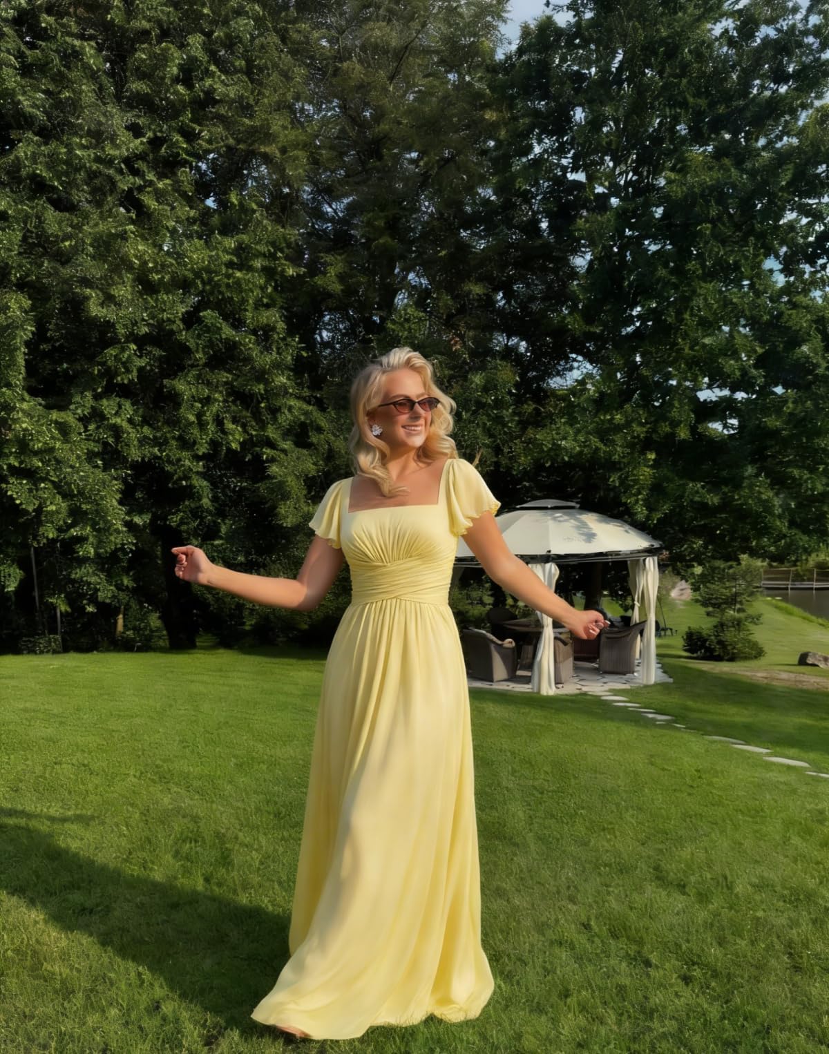 Chiffon Brautjungfernkleider Quadrat-Ausschnitt Lang A-Linie Formelles Abendkleid mit Tasche