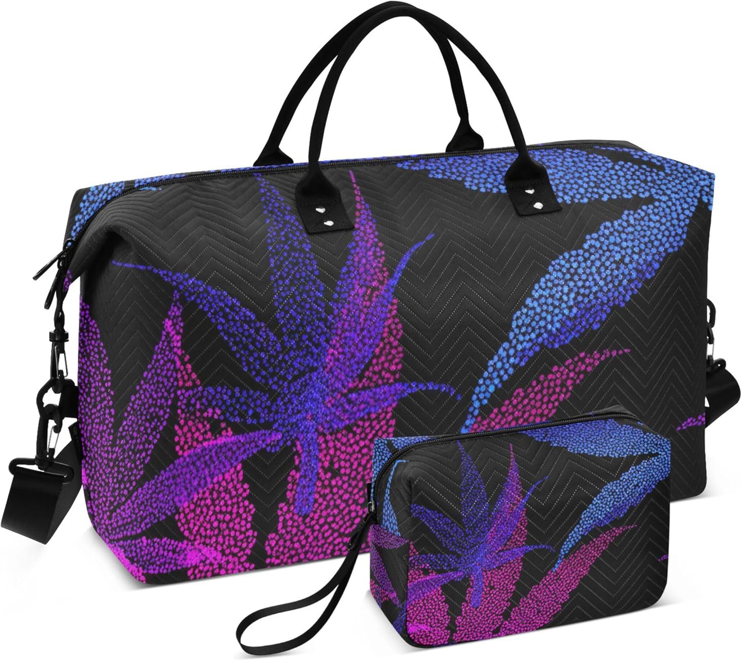 パープル ブルー リーフ ブラック ダッフルバッグ 旅行&amp;メイクアップポーチ用 2個セット かわいいプリント トートバッグ