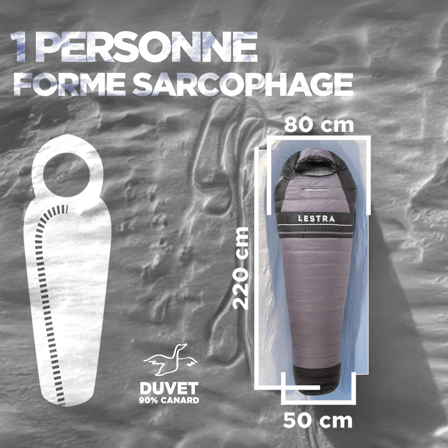 Lestra Sport - Alaska - Sac de Couchage Grand Froid - T° Limit Confort -09 °C - Duvet de Canard - Adulte - 220 x 80 cm - 1,2 kg - Gris