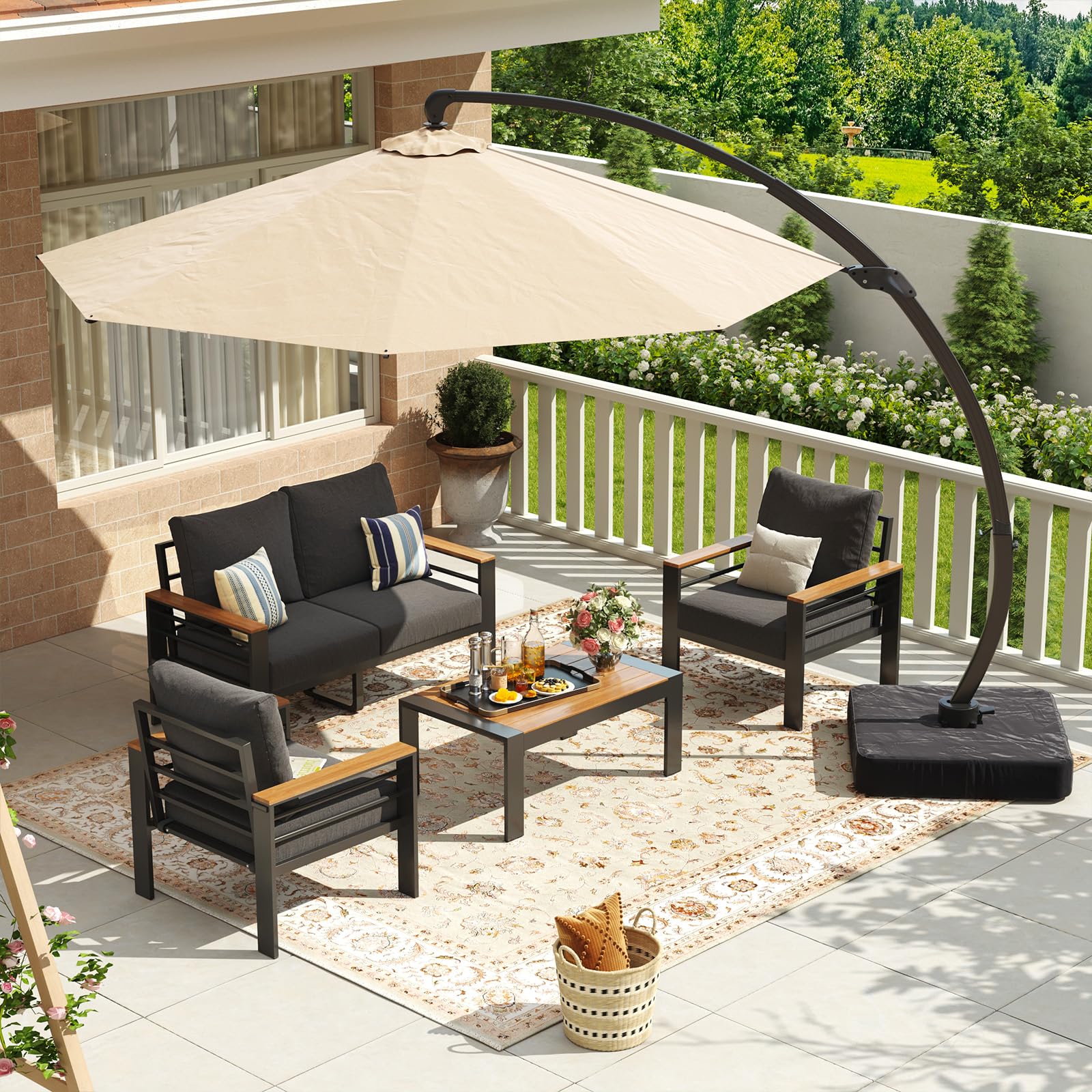 Aoxun Aluminum Patio Furniture Set with Umbrella 4 Seats, Oversized Outdoor Sectional with Washable Thick Cushions, Coffee Table, Patio Conversation Sets for Porch, Balcony, Deck