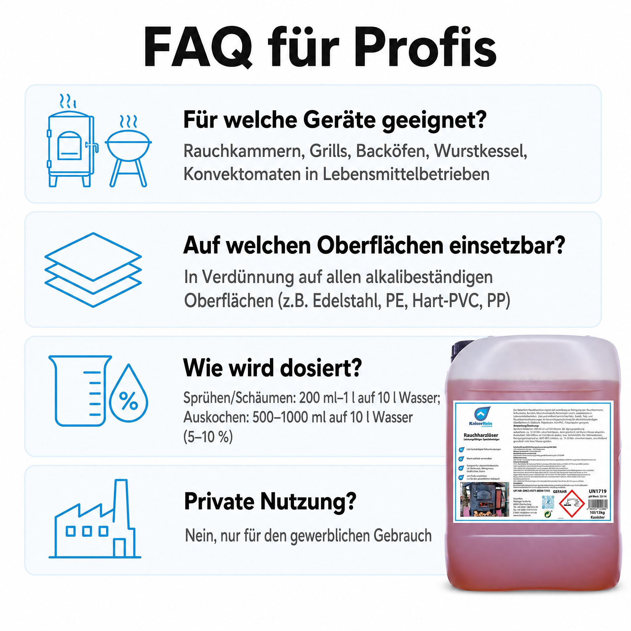 KaiserRein Grillreiniger Profi Rauchharzentferner, Backofenreiniger extra stark, 10-l-Kanister, schäumbar, warm/kalt, für Rauchkammern, Grills, Öfen, Konvektomaten, stark alkalischer Gastro-Reiniger
