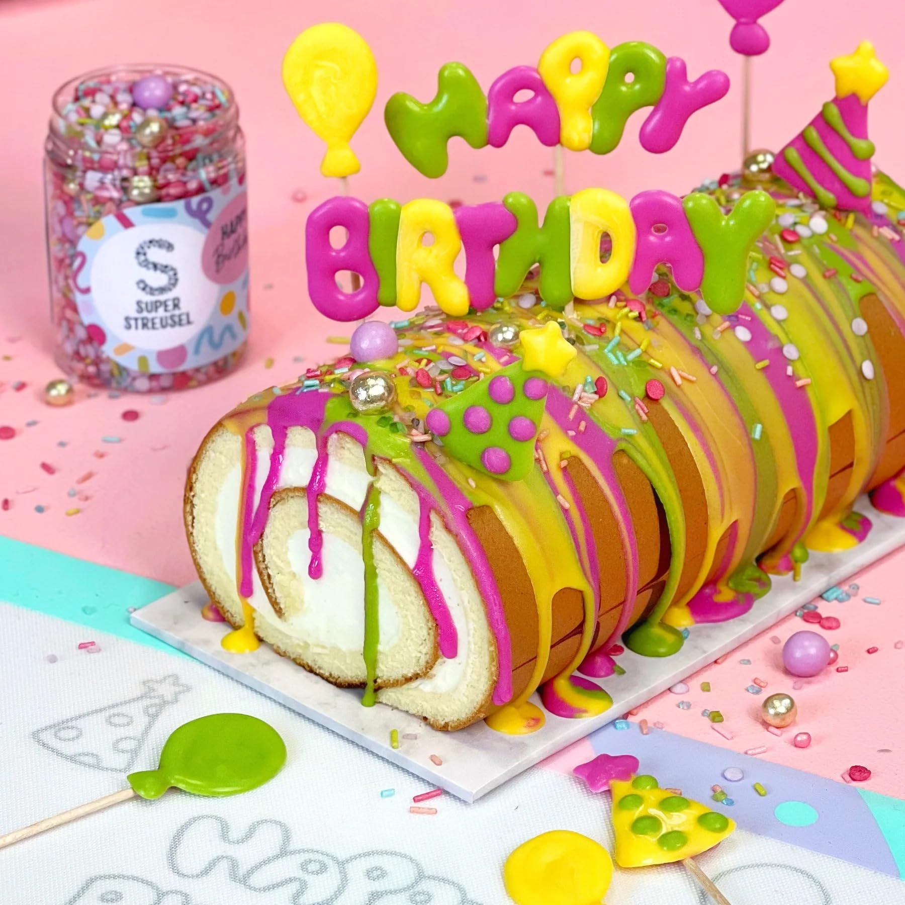 Super Streusel SuperDrip Schwarz & Weiß mit SuperBackmatte Bundle - Kuchenglasur & Schokoglasur für DripKreationen, CakeTopper, Torten, Cupcakes & Kekse (600g)