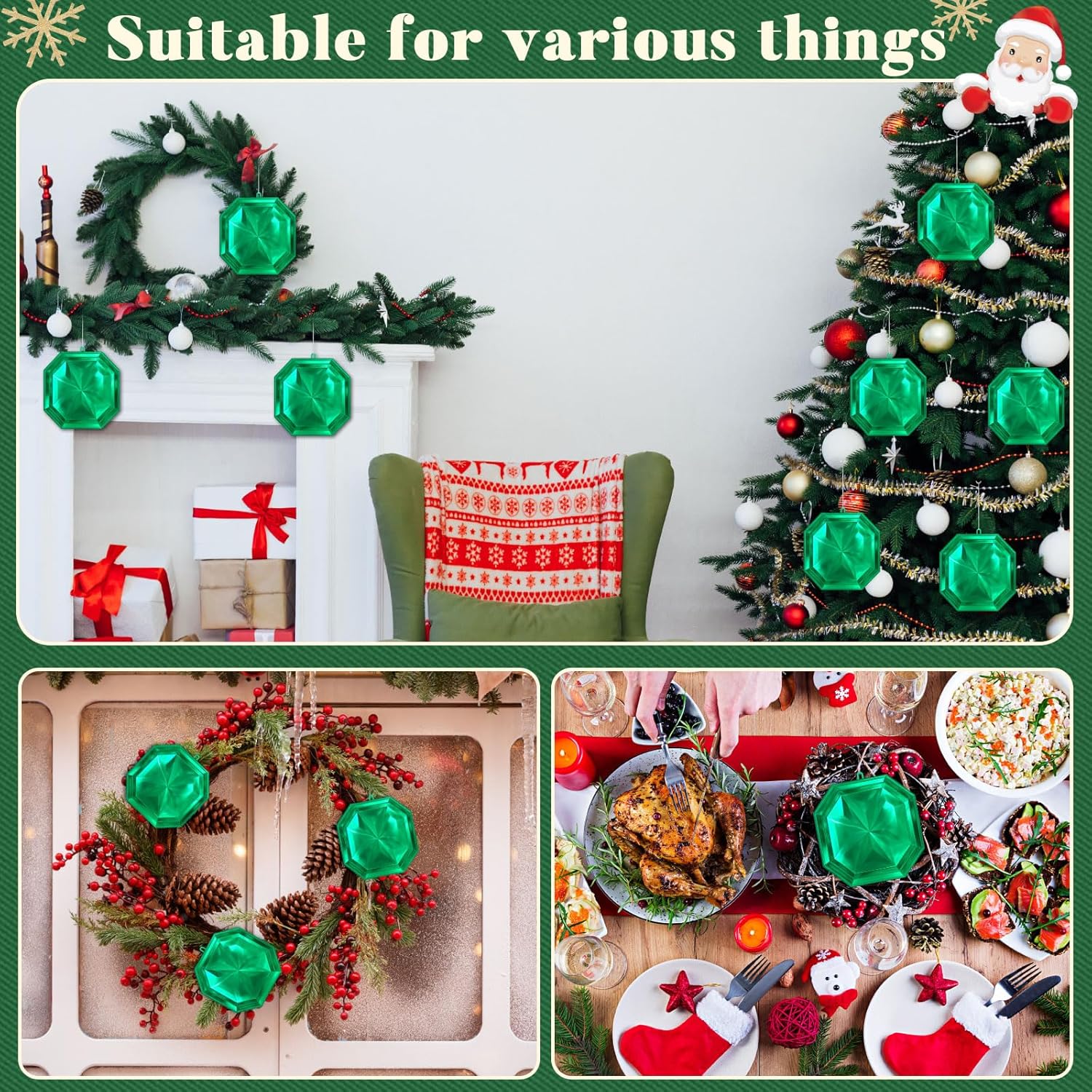 Syhood 5.1 Inch Jewel Ornament Square Jewel Ornaments for Christmas Tree Acrylic Large Christmas Gem Decorations for Xmas Wedding Holiday Party Decor(Green) - Image 6