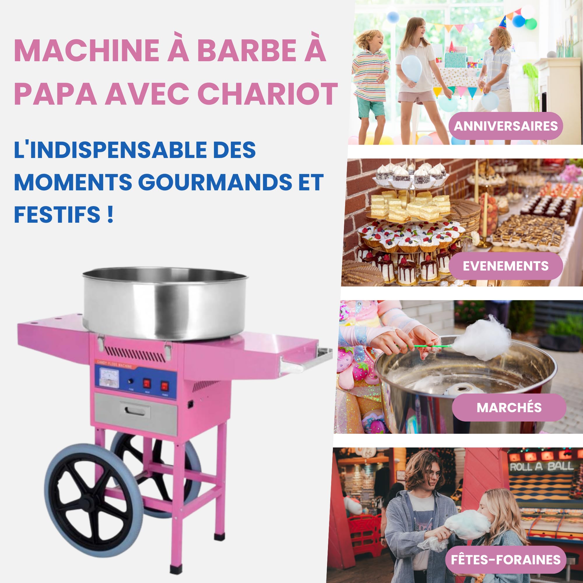 Machine à Barbe à Papa Professionnelle avec Chariot - 0,9 kW - Cuve Inox 50 cm - 230V