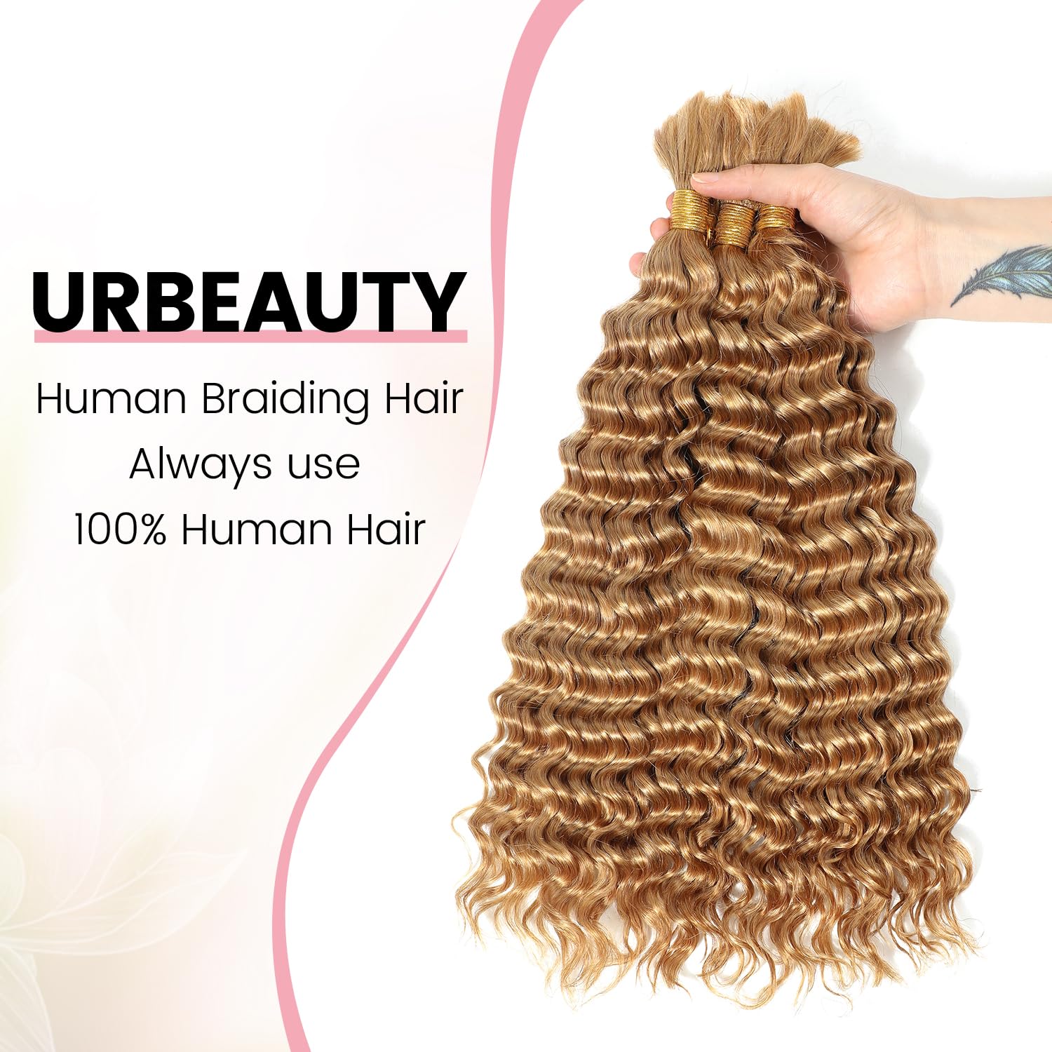 Urbeauty Human Braiding Hair #27 Color, Deep Wave Bulk Human Hair for Micro Braiding No Weft, Curly Human Hair for Boho Braids, Knotless/Goddess/Bohemian/Gypsy/18/20 Inch 100gram