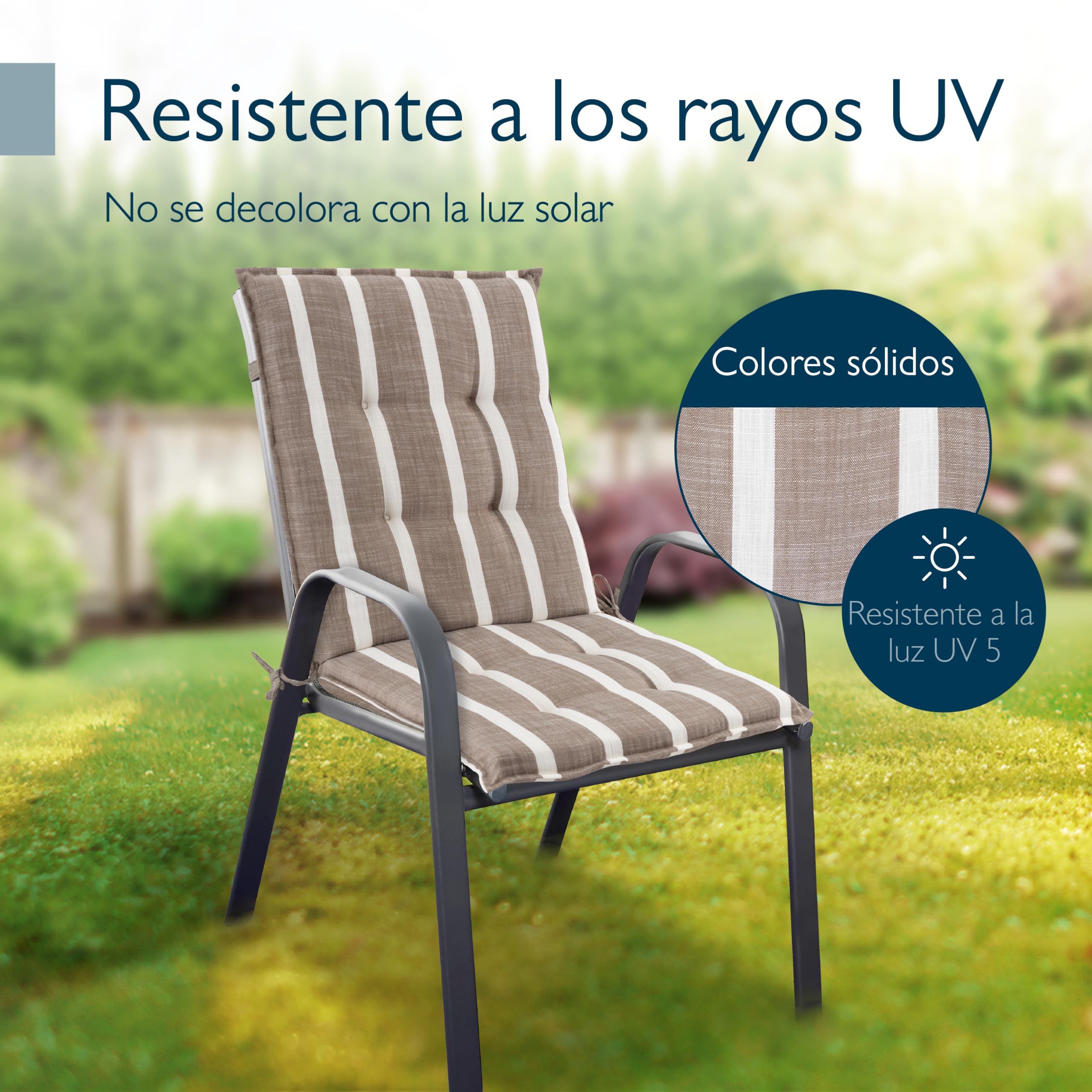 Beautissu Set 6 Premium Cojin Silla Jardín con Respaldo Bajo 100x50cm Sun-NL – Resistencia UV 8cm Grosor Acolchado Cojín Exterior con Respaldo Antideslizante – Rayas Beige Blanco