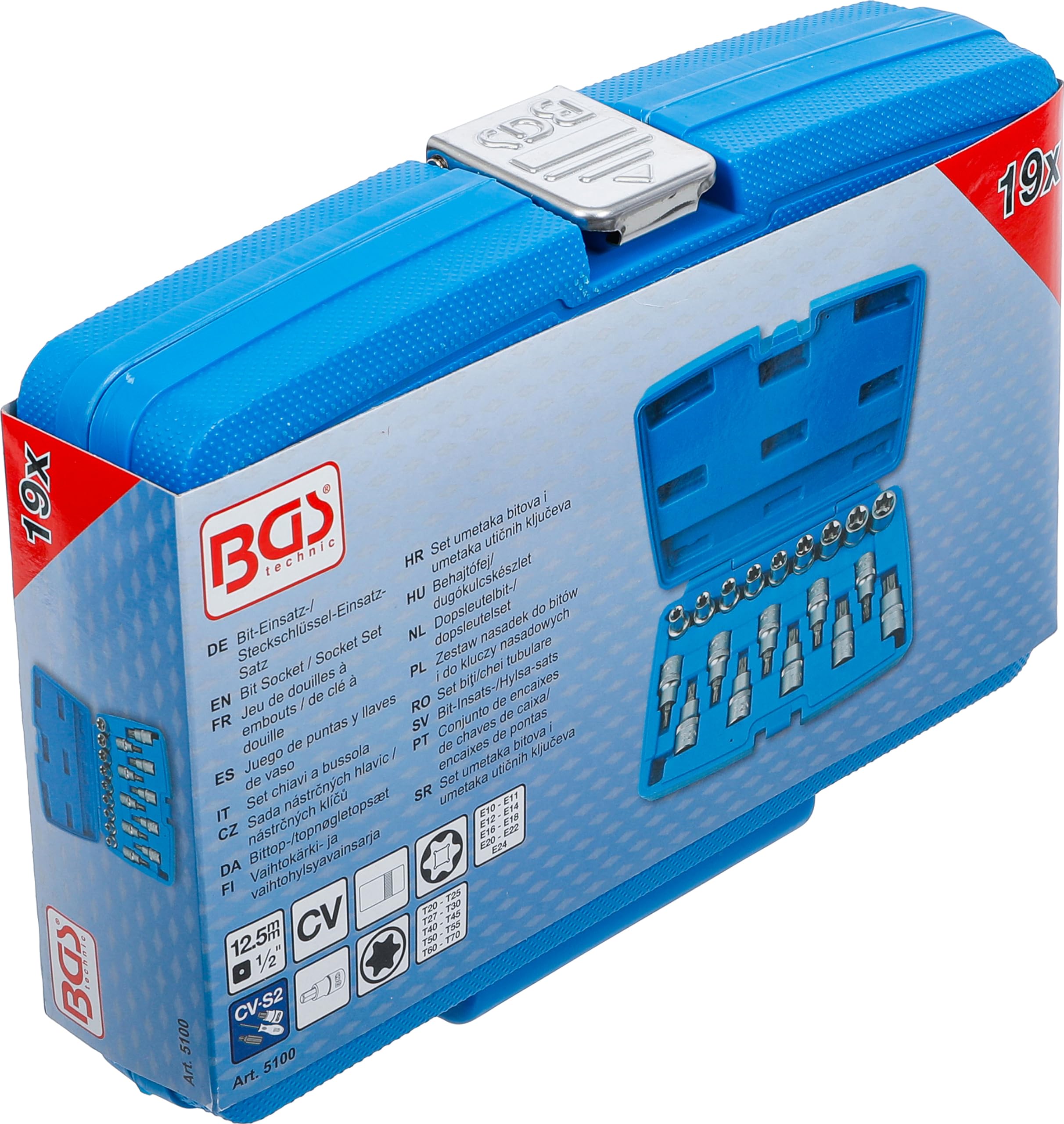 BGS 5100 | Juego de puntas y llaves de vaso | entrada 12,5 mm (1/2") | E-Torx / perfil en T (para Torx) | 19 piezas | Accionamiento cuadrado interior 12,5 mm (1/2") | perfil E | acero cromo vanadio | cromado mate | con moleteado