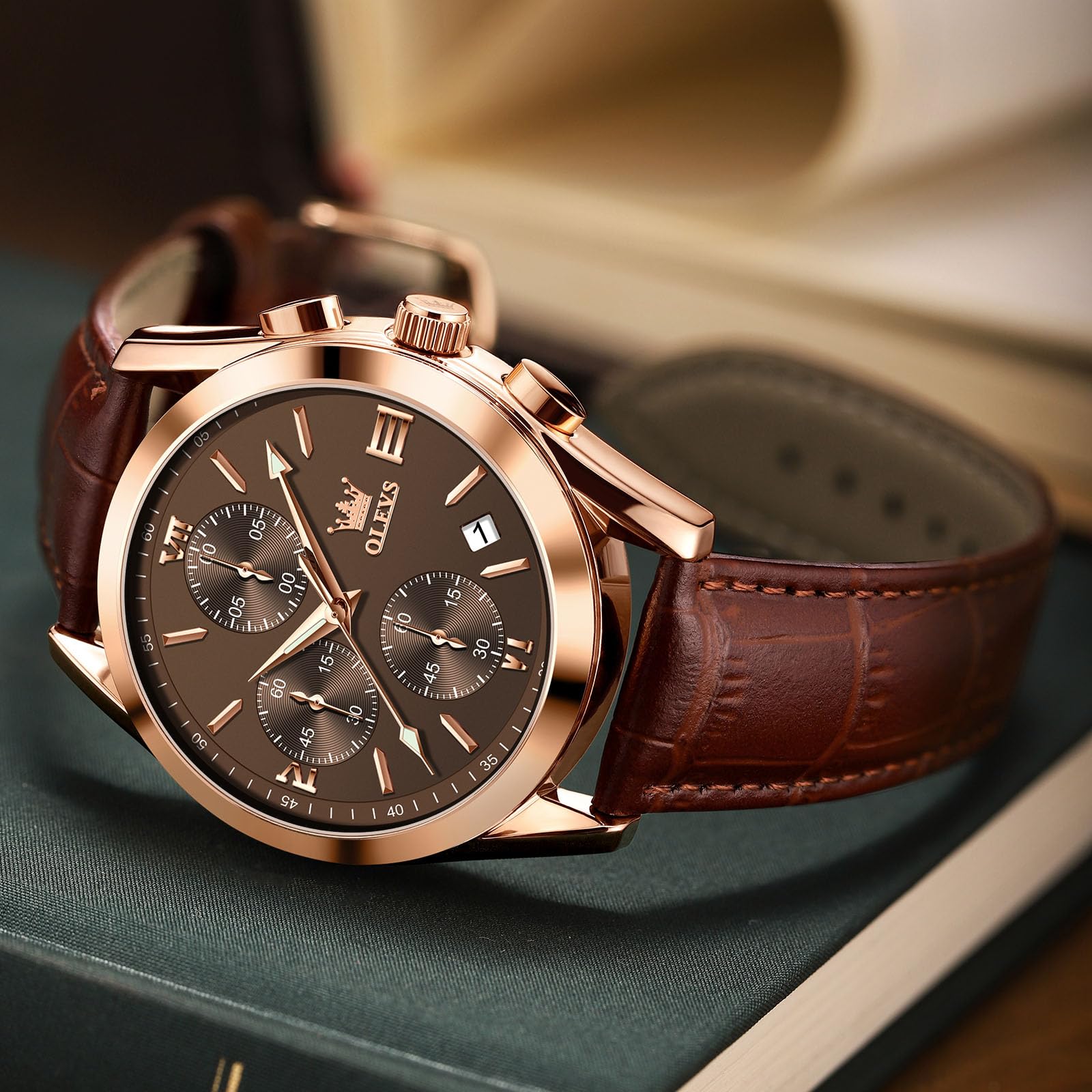 OLEVS Vintage Herrenuhren mit Lederarmband Großes Zifferblatt Armbanduhr Herren Wasserdicht Leuchtende Analog Kleid Uhren Herren mit Datumsanzeige