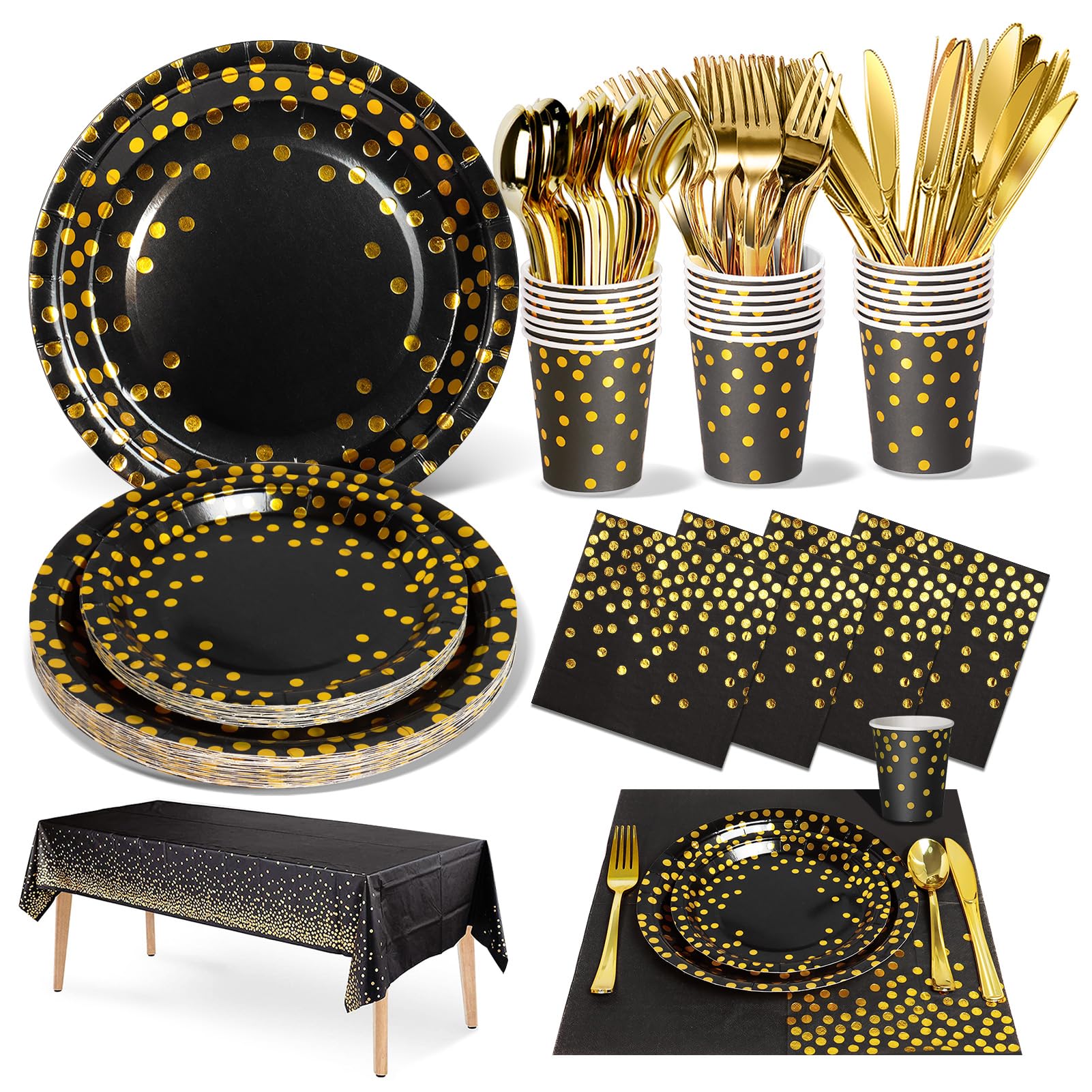 Nkaiso Party Tableware Black Gold 141 Pieces Paper Tableware Set Includes Paper Plates Napkins Paper Cups Tableware, for Wedding Shower, Engagement, Wedding, Birthday (20 Guests)