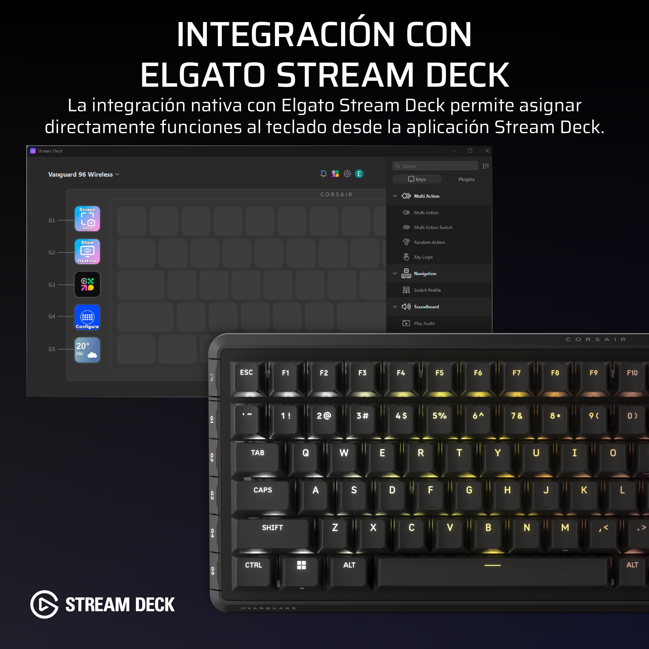 Corsair Vanguard 96 Wireless Mecánico RGB Teclado Gaming – Negro | QWERTY Español, Formato 96%, Switches MLX Hot-Swap, Hyper-Polling 8000Hz, Integración Stream Deck, FlashTap SOCD