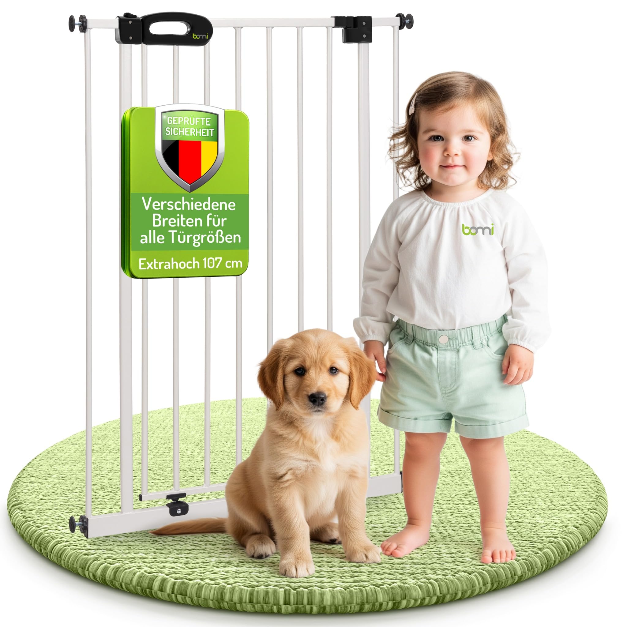 BOMI Treppenschutzgitter Merle | Extra breit und hoch | Ohne Bohren | Kinderschutzgitter Weiss öffnet in beide Richtungen | Tür- & Treppenschutzgitter Baby Hund | Breite: 153-161 cm