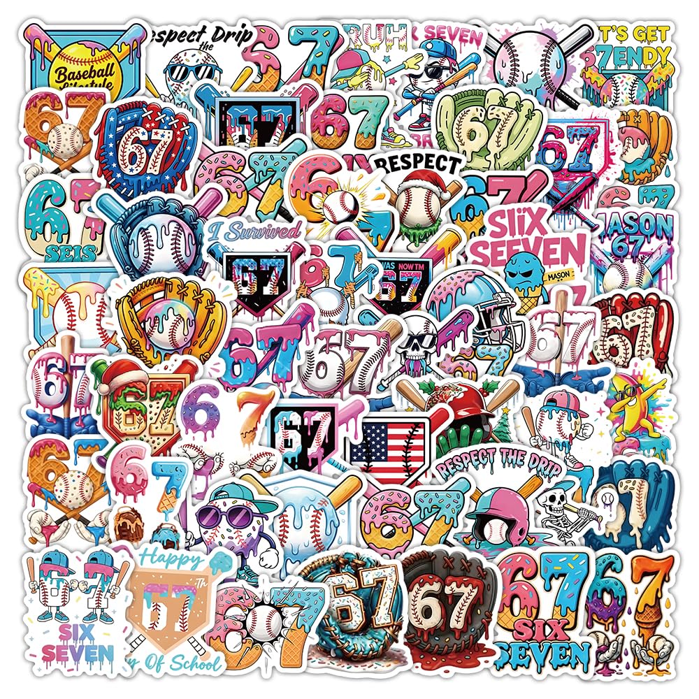 60 adesivi da baseball Six Sette, divertenti 6 7 adesivi meme per appassionati di baseball, decalcomanie sportive virali, vinile impermeabile per laptop, bottiglia d'acqua, pipistrello e casco, sei