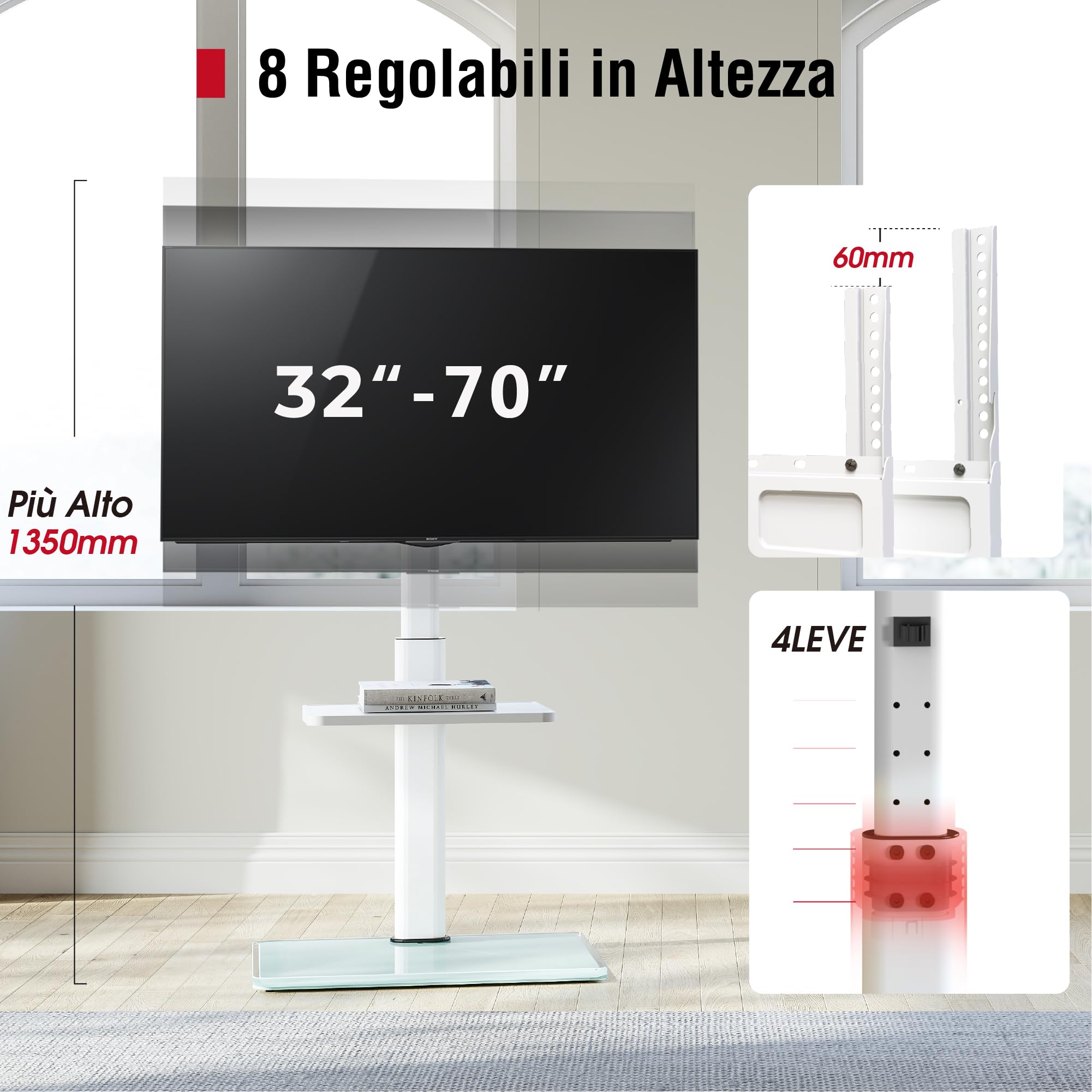 AOKCOS Stojak pod telewizor, do telewizorów 32-55, 65, 70", pochylany, wychylny, z regulacją wysokości, uniwersalny stojak pod telewizor z półką, maks. VESA 400x400mm 40kg biały