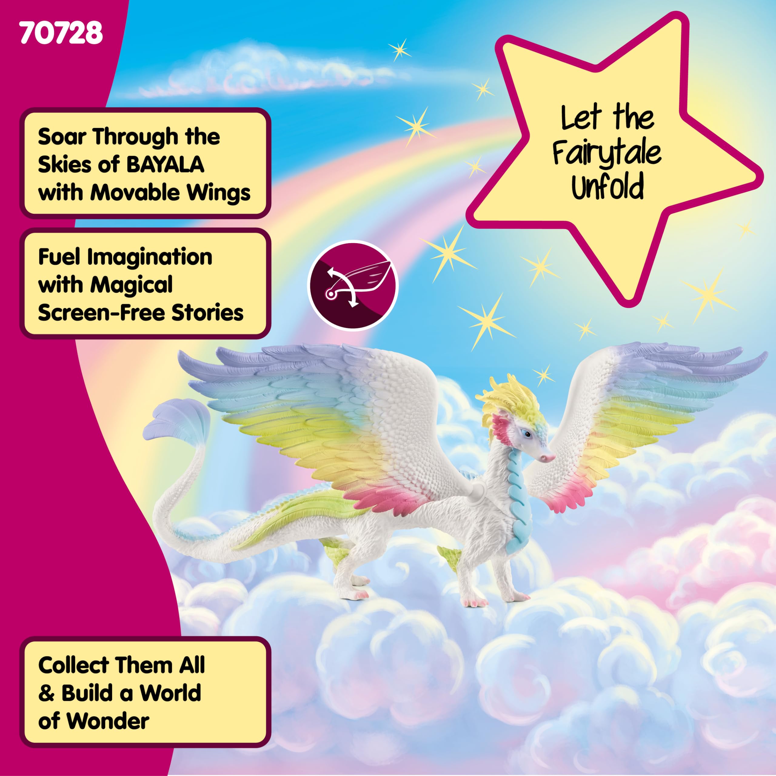 schleich BAYALA | Smok Tęczowy 70728 | Szczegółowa figurka z ruchomymi, kolorowymi skrzydłami | Dekoracja i figurka kolekcjonerska | Prezent dla dzieci | Zabawka od 5 lat | 34 x 23 x 11 cm