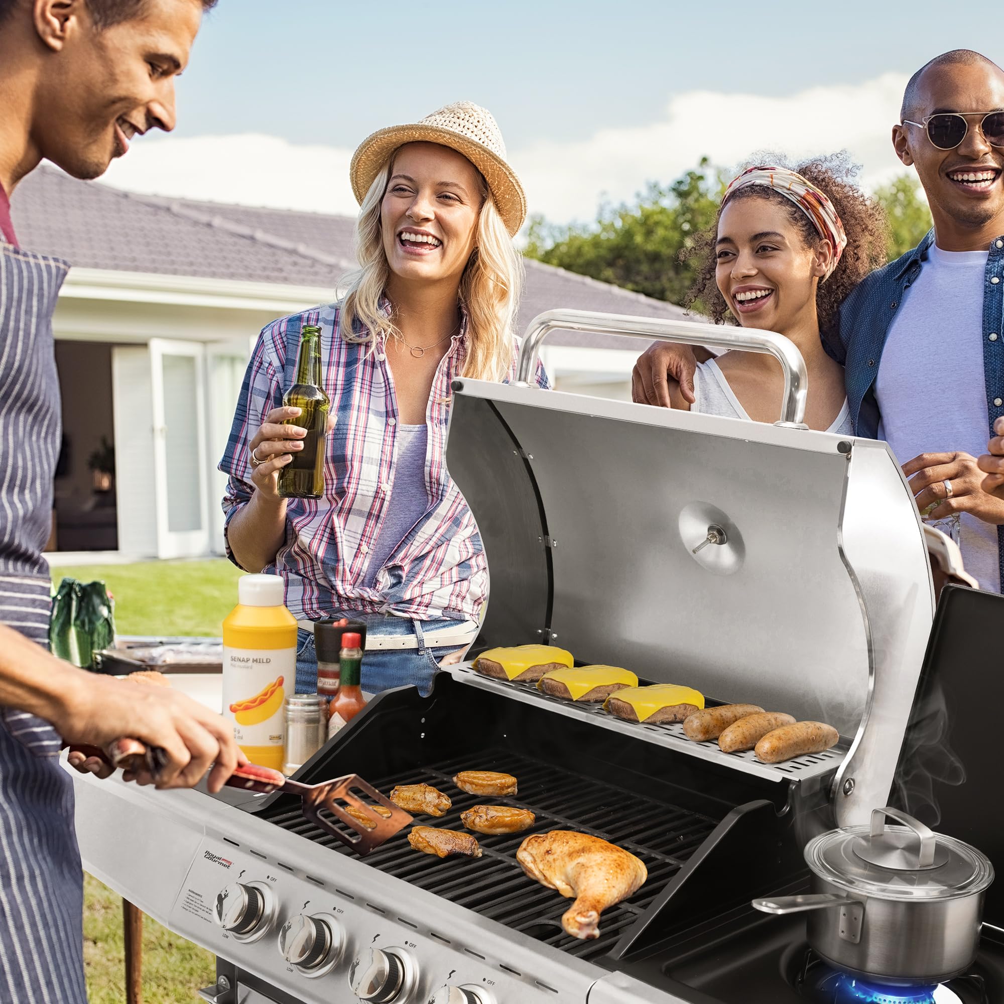 Royal Gourmet 4+1 Brenner Gasgrill Grillwagen mit automatischer Zündung,integriertem Thermometer und Unterschrank Edelstahl Brenner mit 14,5 kW Camping Gasgrill für Outdoor Barbecue Silber