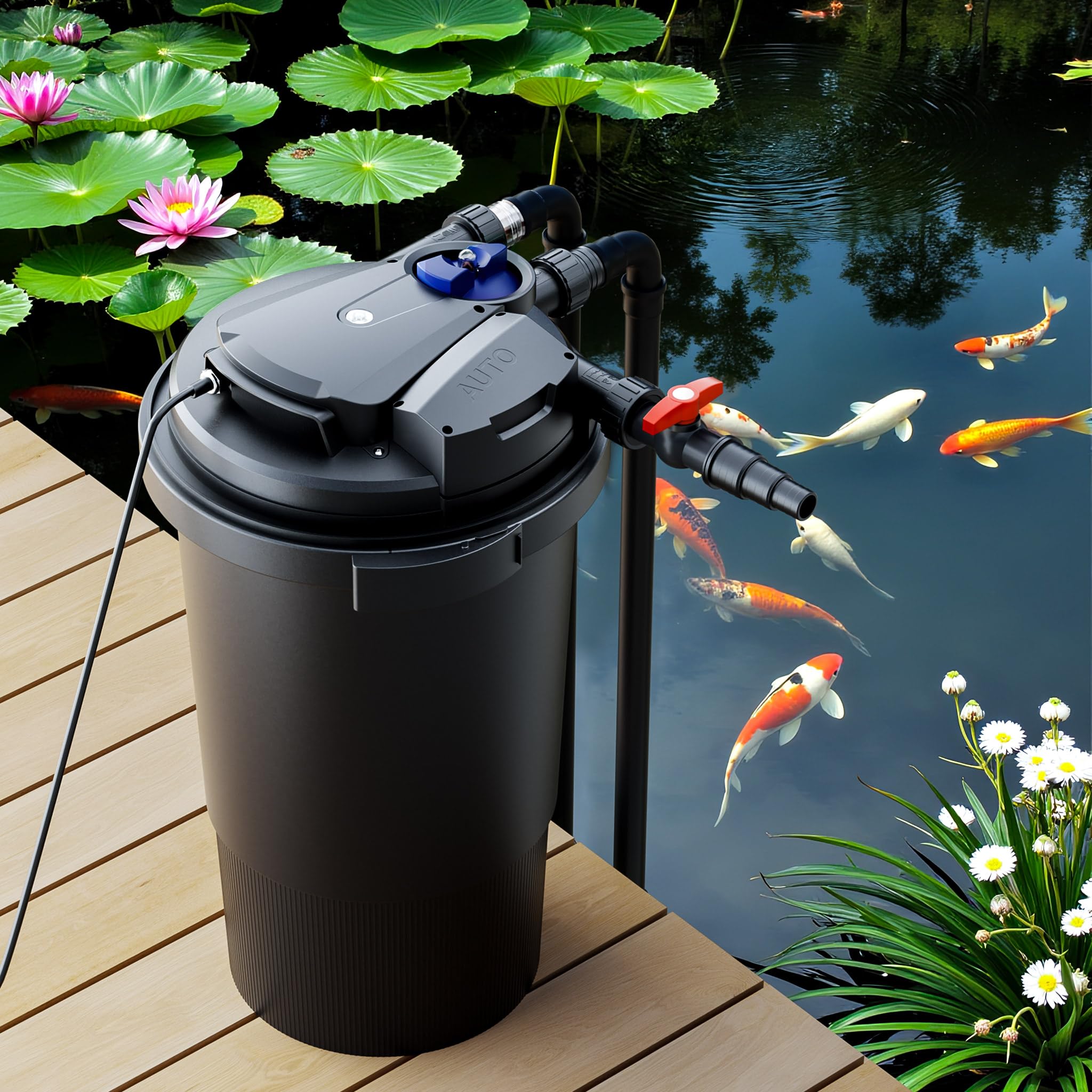 SunSun CPA-15000 Filtre de bassin à pression avec stérilisation UV - 382 x 382 x 713 mm - 18 W/étang 30000 l max. / réservoir - Nettoyage facile - Filtration eau à grand débit