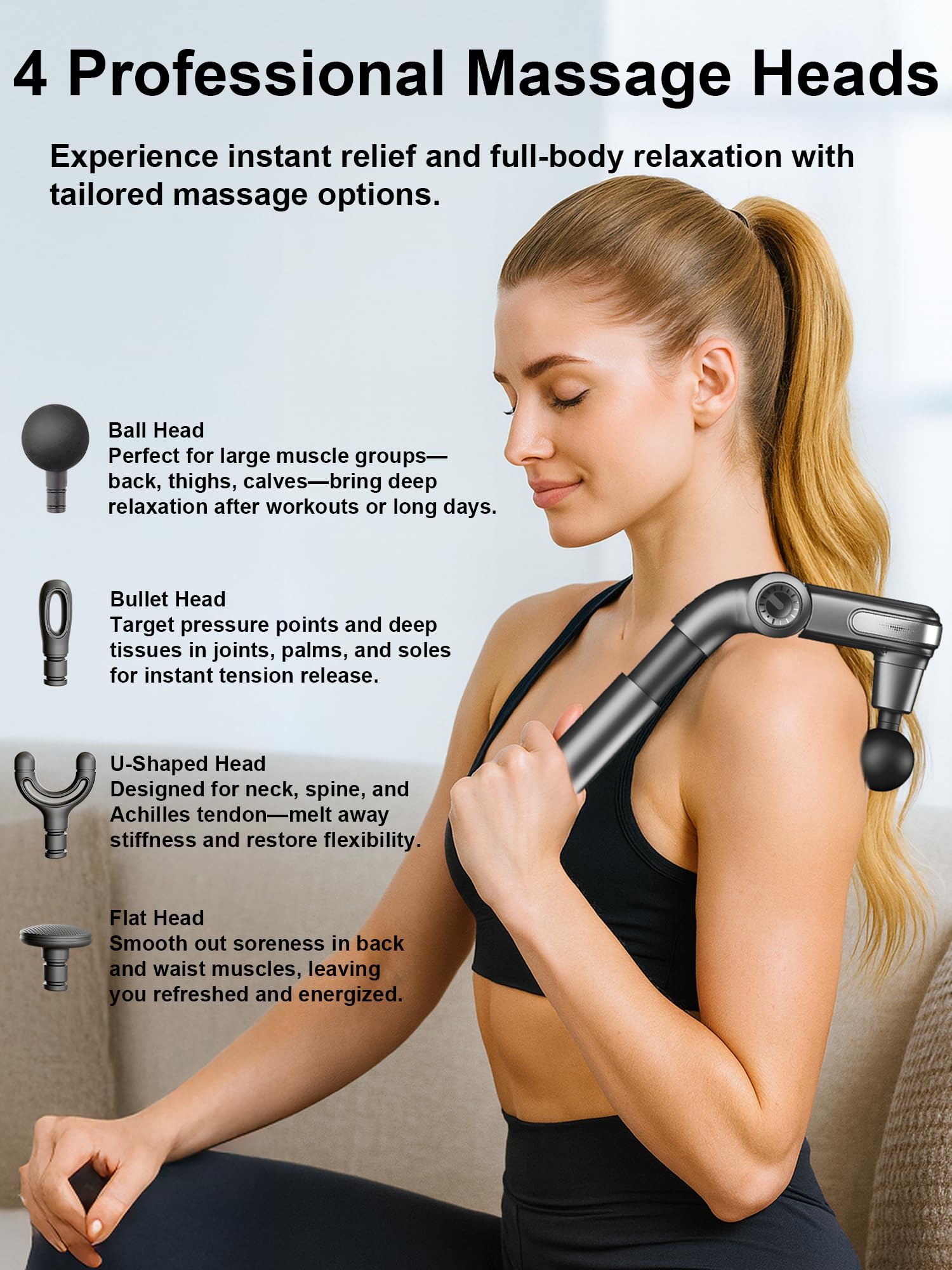 Masajeador de cuello y espalda para aliviar el dolor de tejido profundo, pistola de masaje de percusión de mano, 5 velocidades y 4 cabezales de masaje, regalo perfecto para mujeres, padre, madre