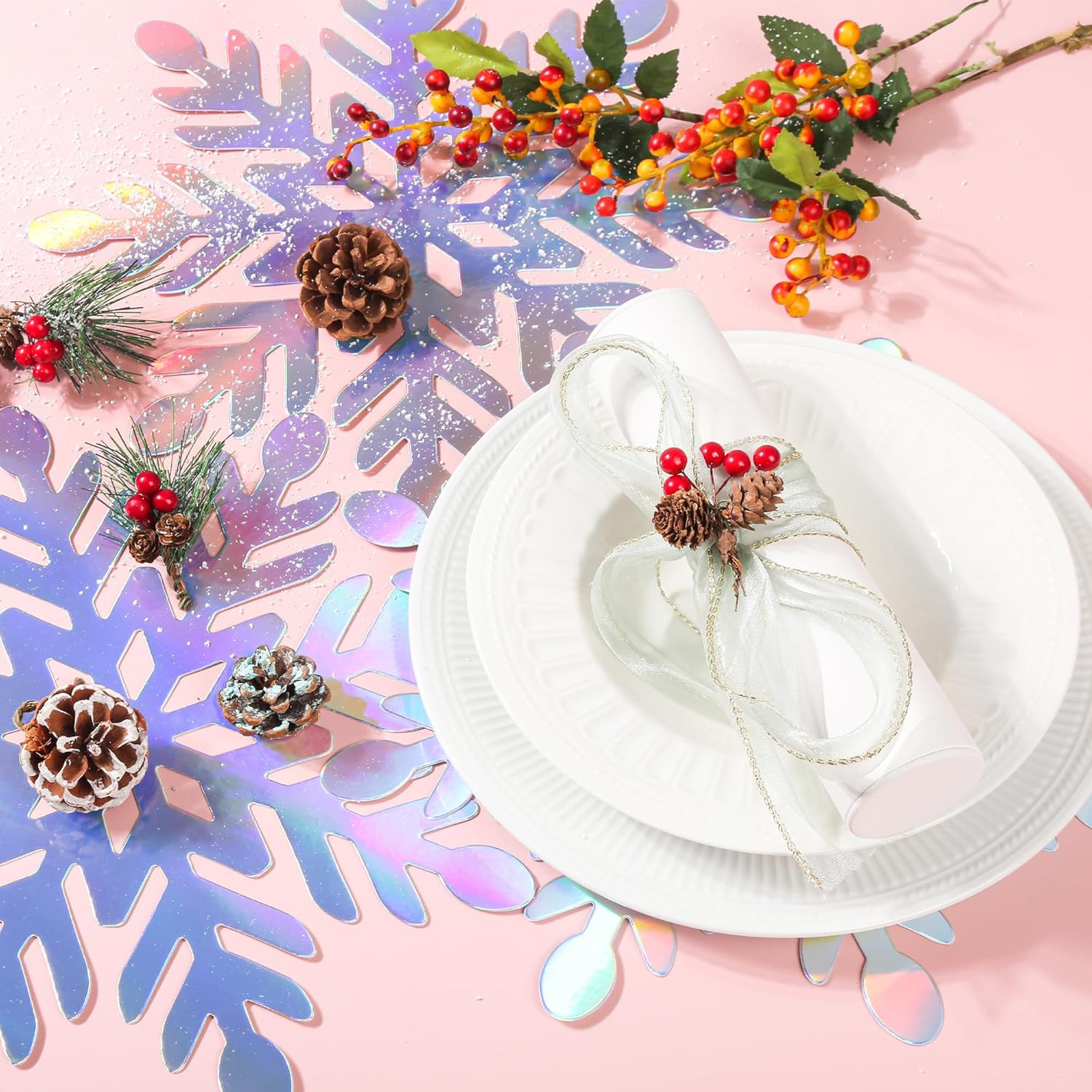 Christmas Snowflake Placemats Iridescent Snowflakes Disposable Paper Place Mats Winter Xmas 13 Inch Holographic Hollow Out Placemat for Wonderland Birthday Holiday Party Supplies (48, Iridescent)
