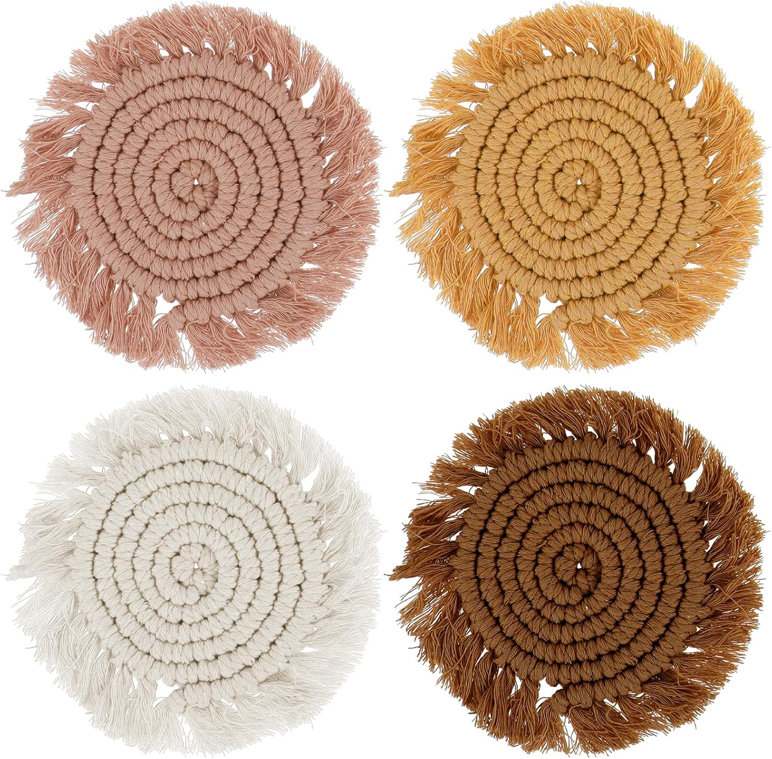 guduling 4pcs Boho Macrame Coasters Handmade Woven Tassel Edges Bohemian Table Decor for Home Kitchen Office