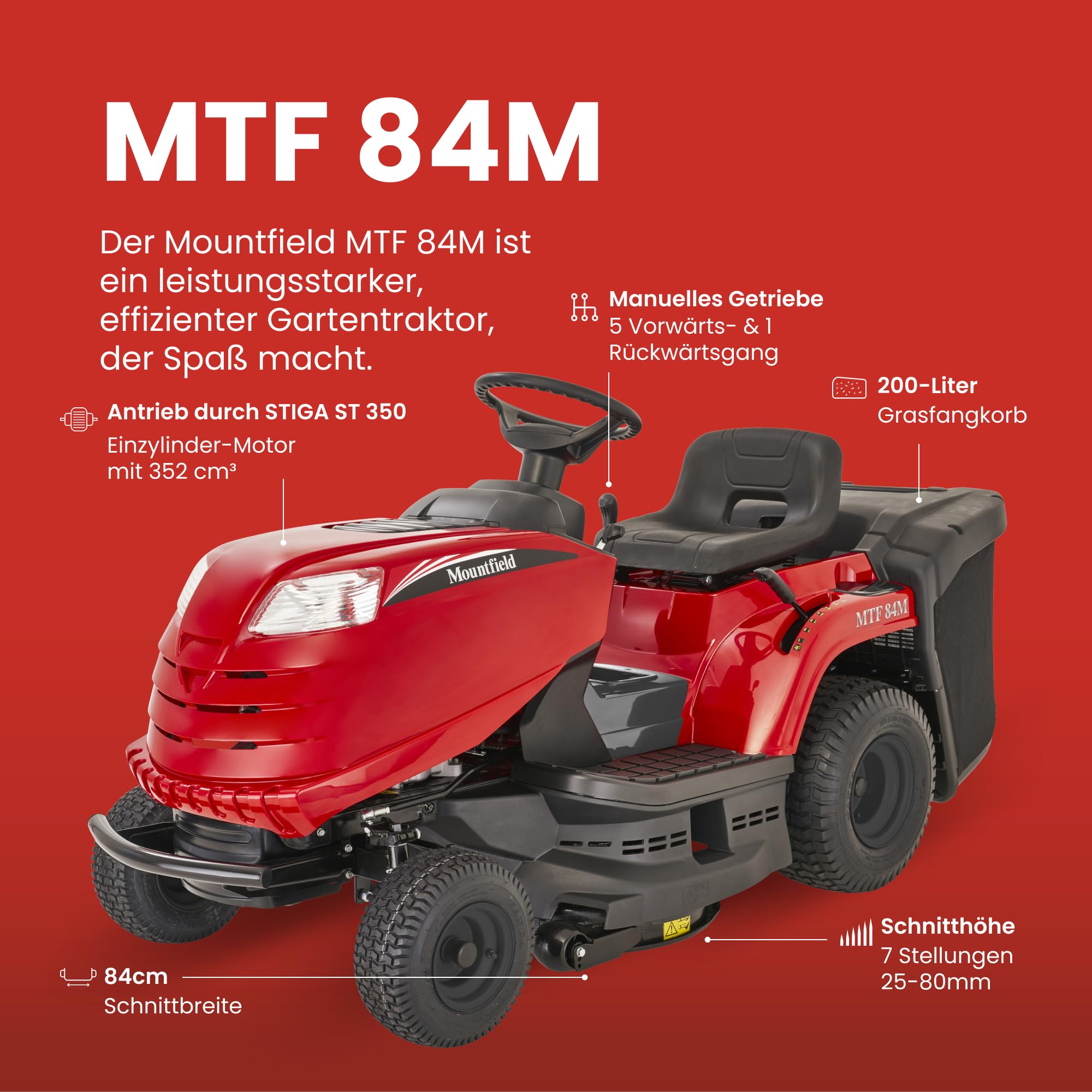 STIGA MTF 84M Aufsitzmäher, 352 cm³, 84 cm, 200 l – Schaltgetriebe, 7 Schnitthöhen (25–80 mm) – Rasenflächen bis 3.000 m²
