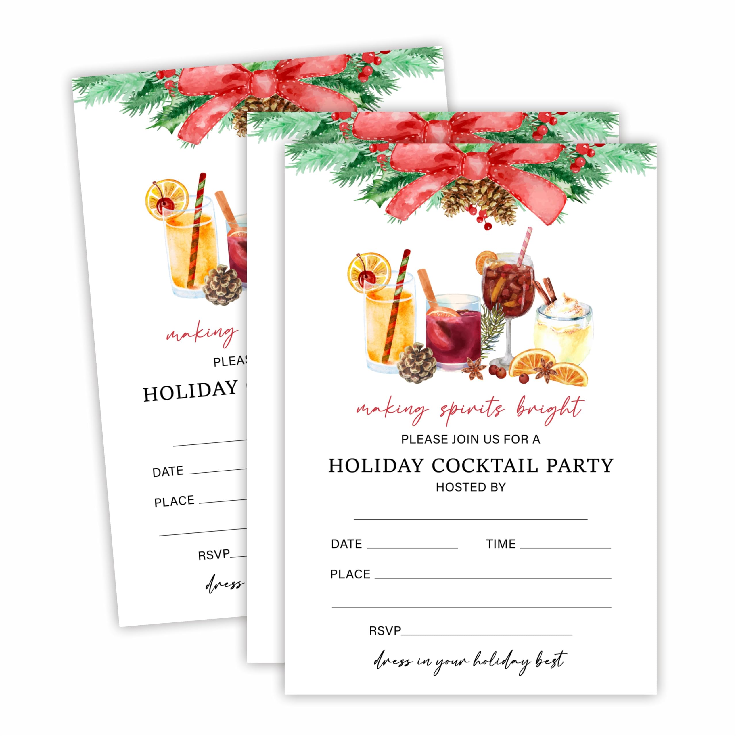luixd 20 Holiday Cocktail Party Invitation Cards With Envelopes - Making Spirits Bright Watercolor Double-Sided Fill In Style Invitation Cards, Party