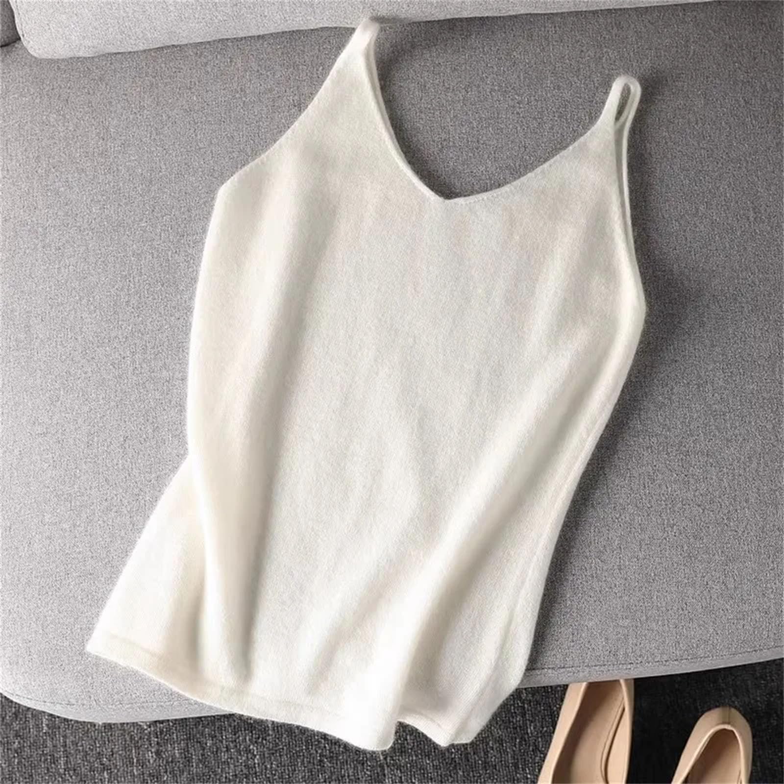 Débardeur tricoté en cachemire et col en V pour femme, sans manches, blanc, taille L