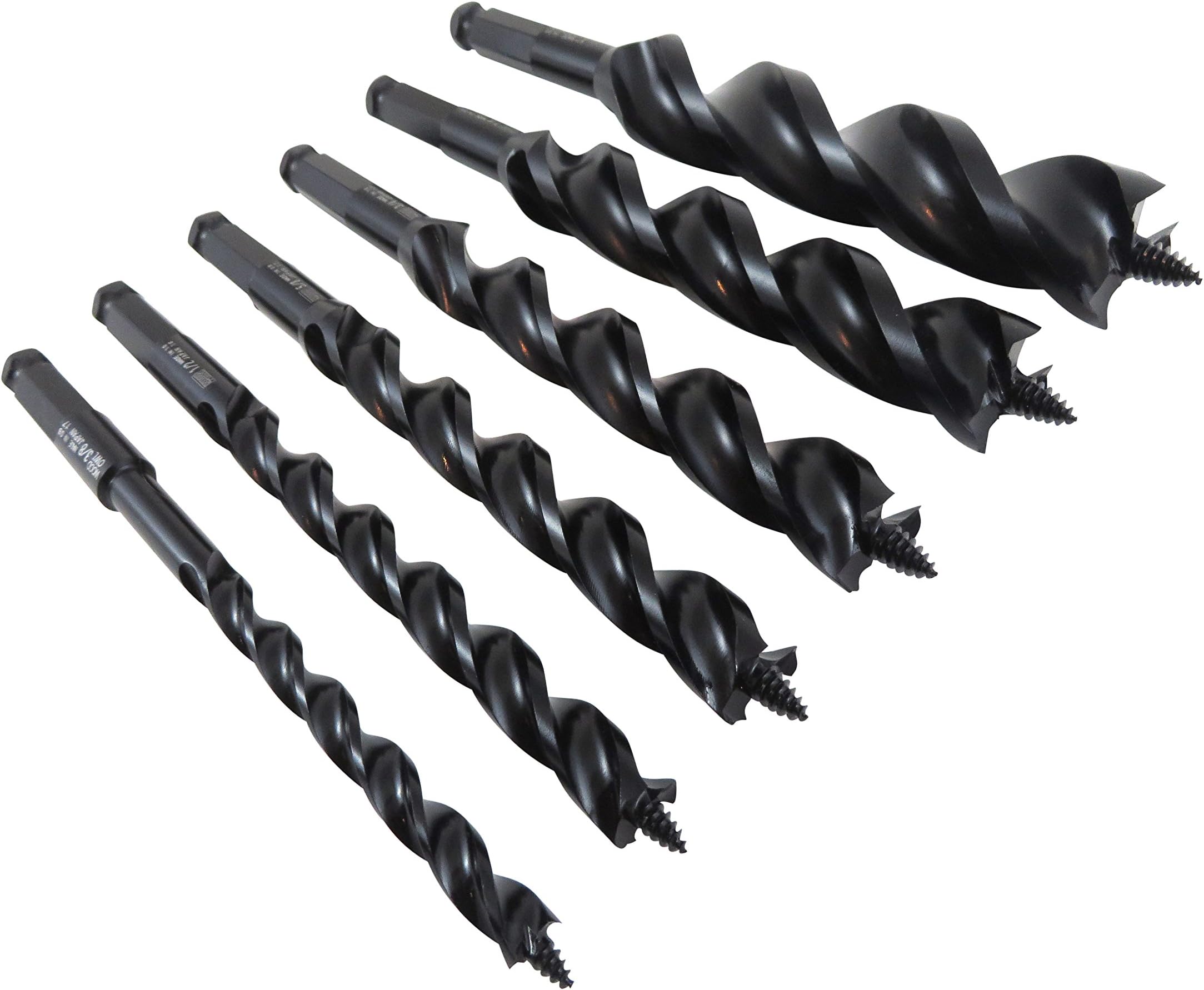 6 Piece Set with 3/8", 1/2”, 5/8", 3/4”, 7/8" and 1” x 7-1/2” Long Ultra Smooth Tri Cut Auger Hand Brace Boring Bit PTEE coated 09703-09713