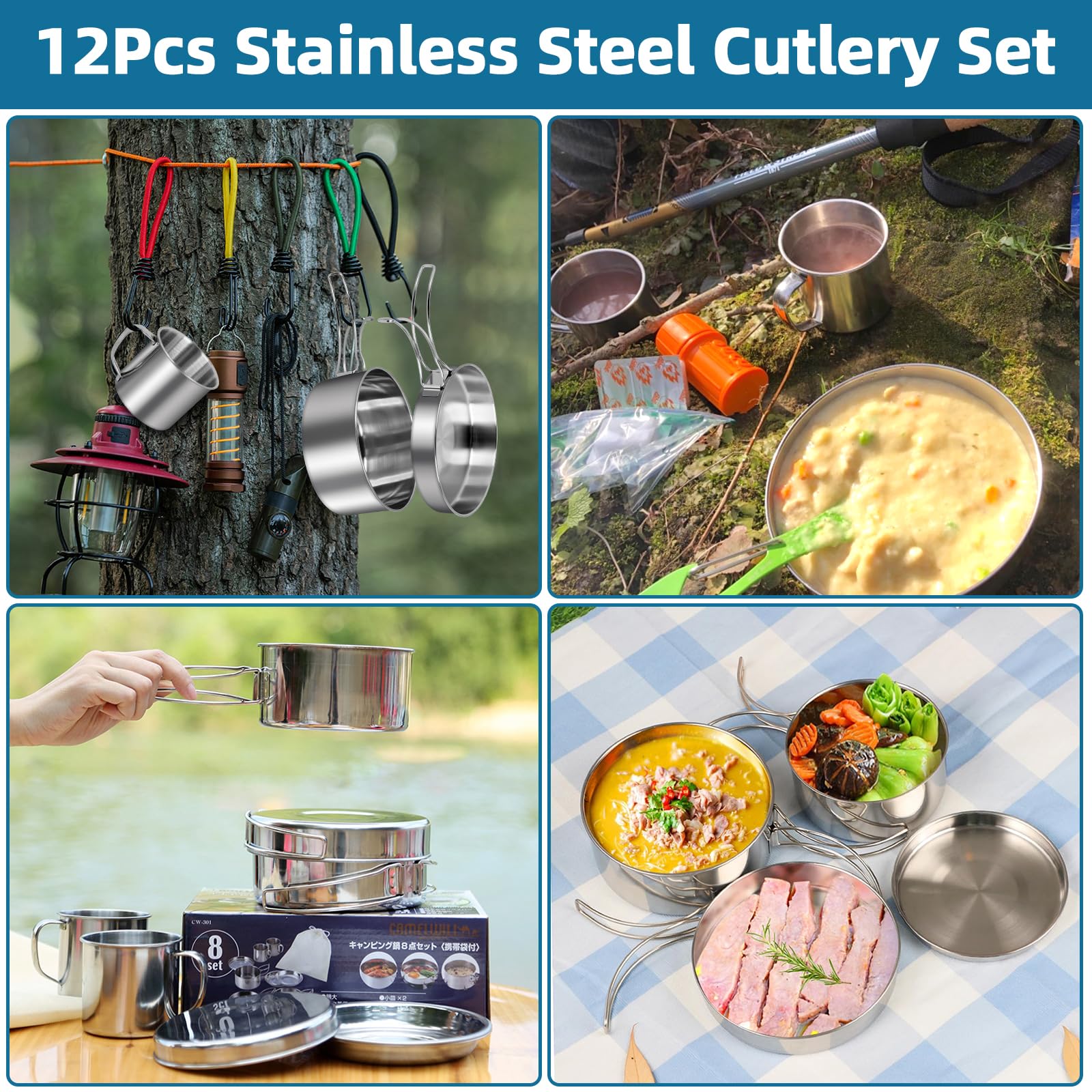 12 Piezas Utensilios Cocina Camping, Juego de Olla y Sartenes de Acero Inoxidable de Camping Kit de Portátil y Liviano para 1-2 Personas Ligero y Compacto para Acampar Senderismo Picnic