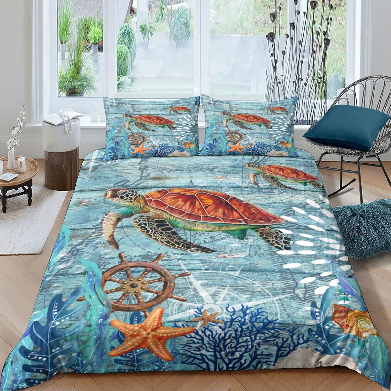 Ctjqhvkz Style-4 3D Printed Ocean Turtle Fitted Sheet Microfiber Soft Underwater Starfish Mattress Cover Bedroom Decor Protection Single（135X200cm）