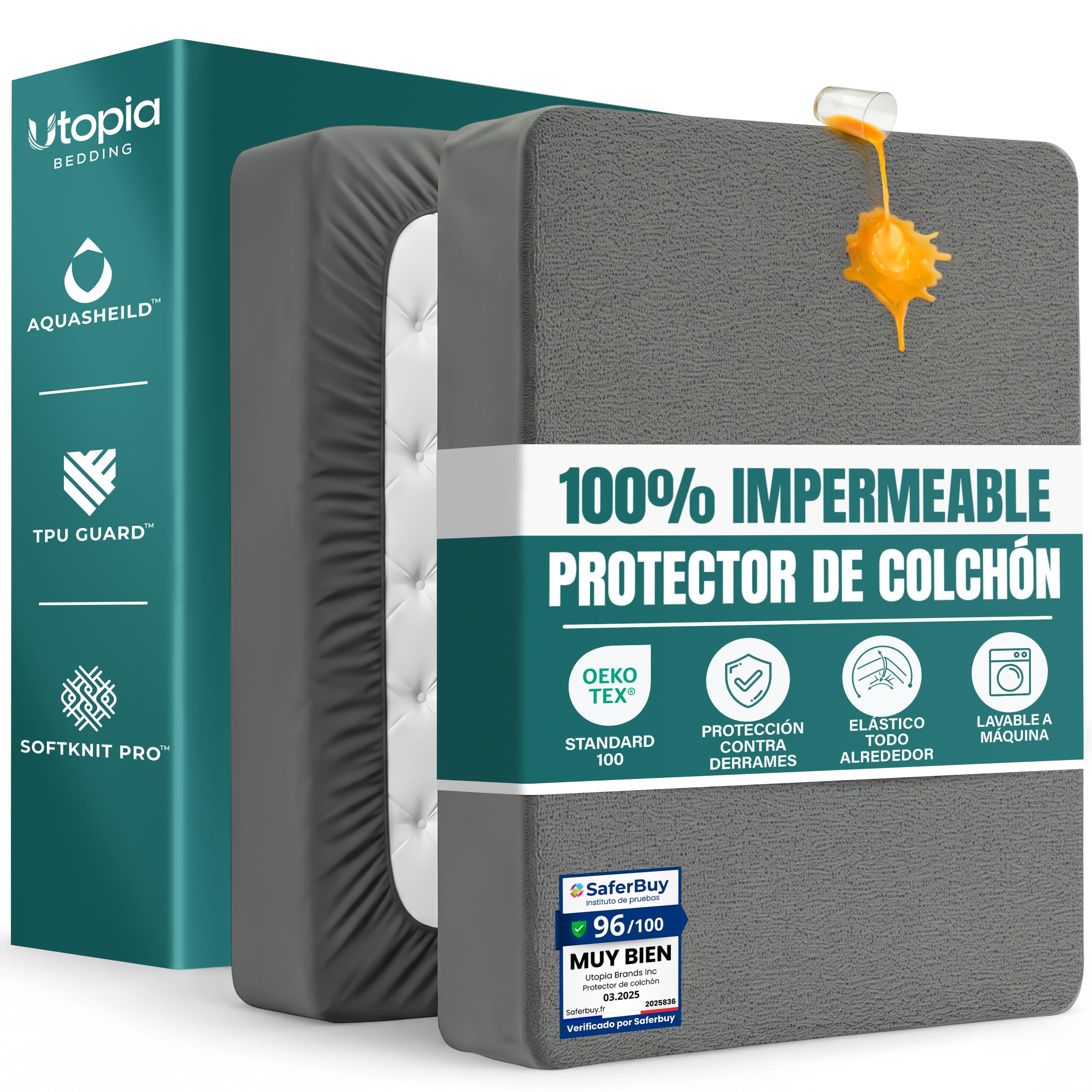 Utopia Bedding Protector Colchón 90 x 190 x 40 cm Impermeable, Certificación Oeko-Tex Funda Colchón, Cubre Colchón Transpirable, Elástico En Todo El Contorno Gris