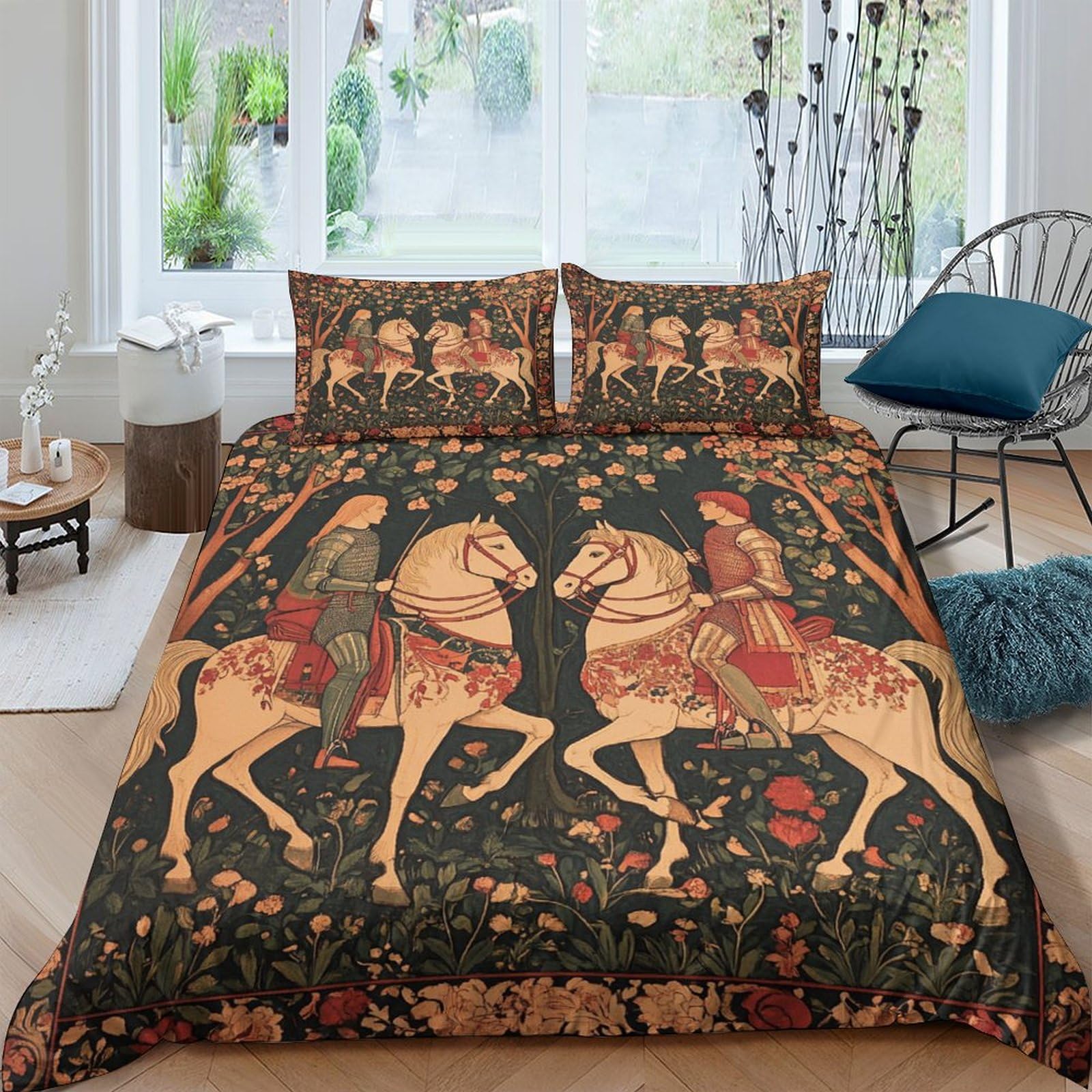 kaiyun Medieval Knight Duvet Cover Set 3 Piece Bedding Set 3D Print Soft Microfibre Polyester Cover with Pillowcases,on Horseback Quilt Cover King（220x240cm）