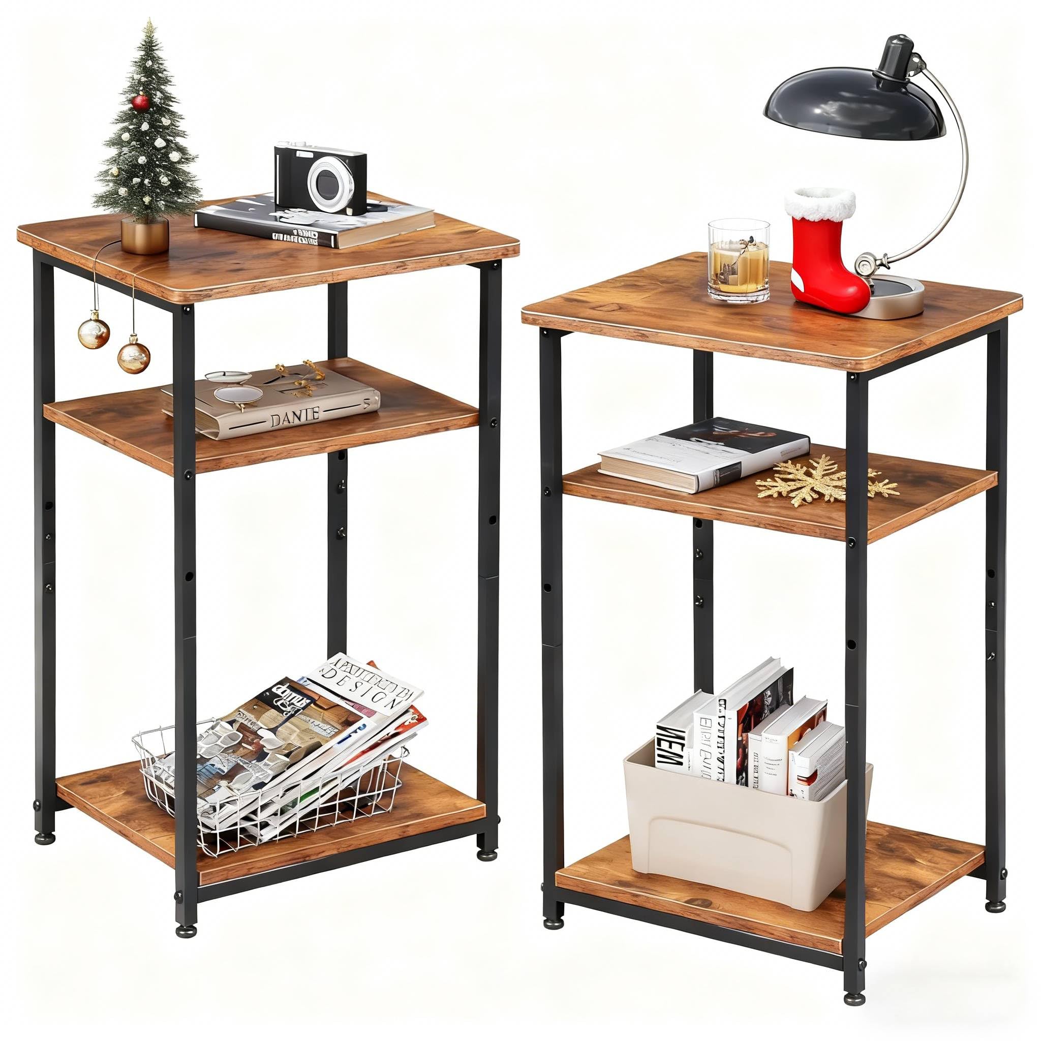 WLIVE End Tables Living Room Set of 2, Small End Table for Two, Narrow Side Table for Bedroom, Home Office, Small Spaces, 3-Tier End Table for Couch, Sofa, Bed, Rustic Brown