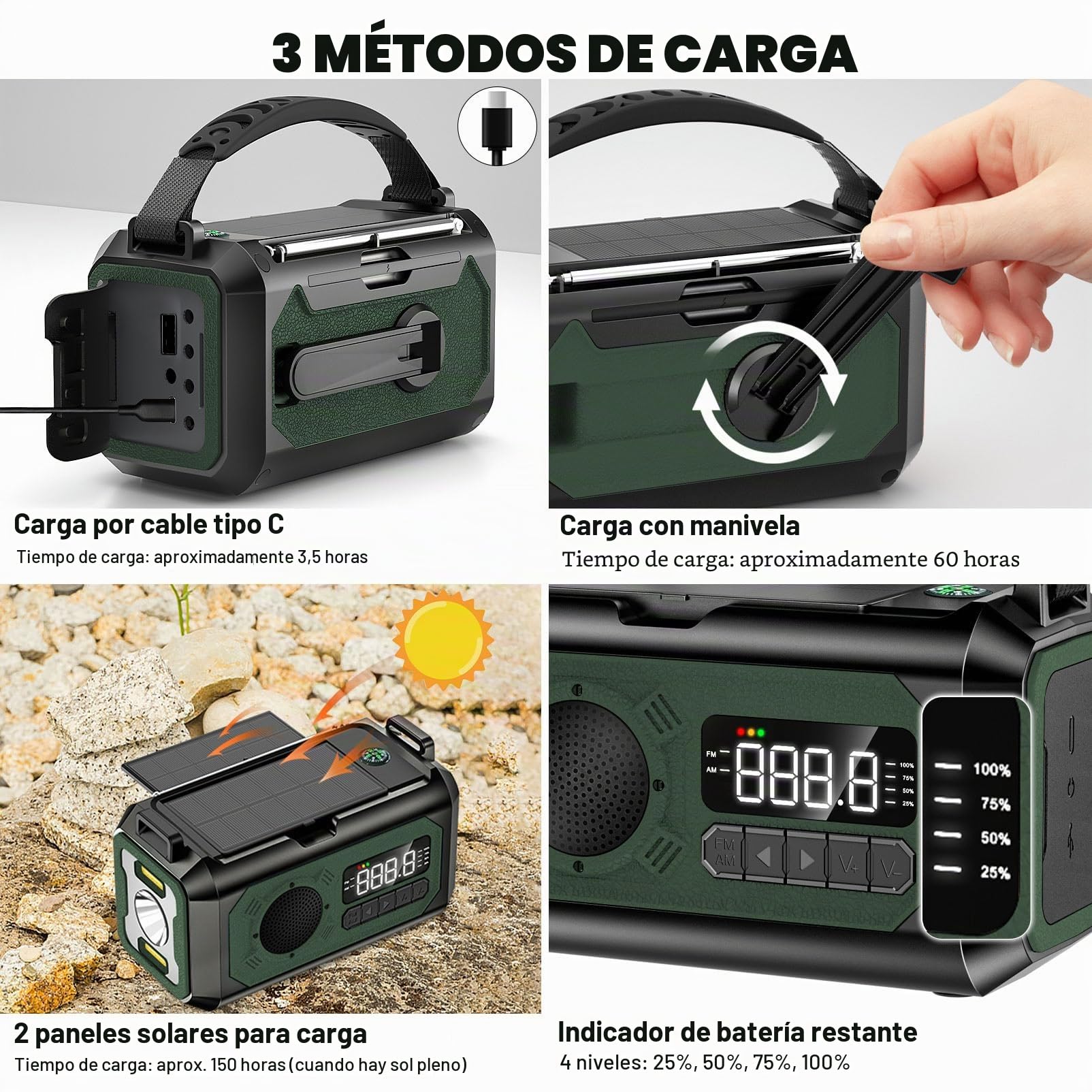 Radio de Manivela de 12000mAh, Radio con 2 Paneles Solares paraRecarga,Rradio de Manivela de Emergencia Am/FM, 3 Modos de Recarga,Radio de Emergencia Portátil 7 en 1, SOS, Linterna y Brújula