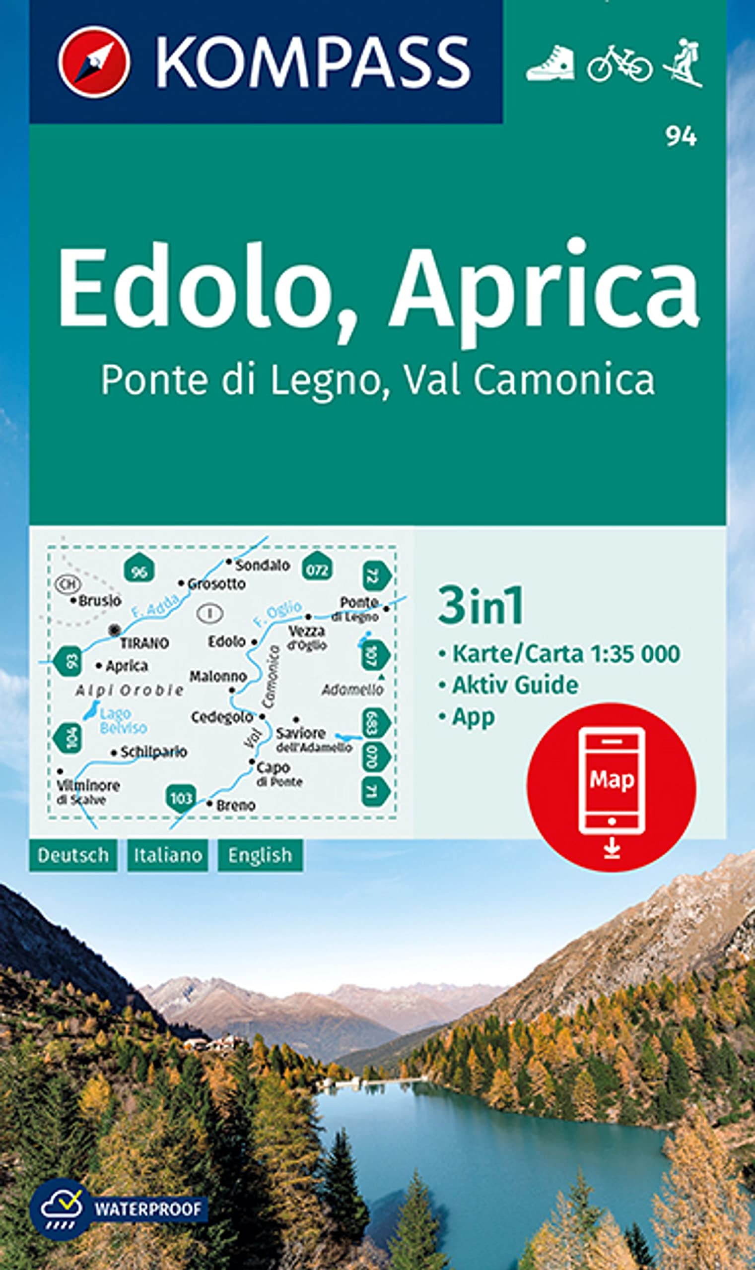 Edolo / Aprica D/I + Aktiv Guide (94): 3in1 Wanderkarte mit Aktiv Guide inklusive Karte zur offline Verwendung in der KOMPASS-App. Fahrradfahren. Skitouren.