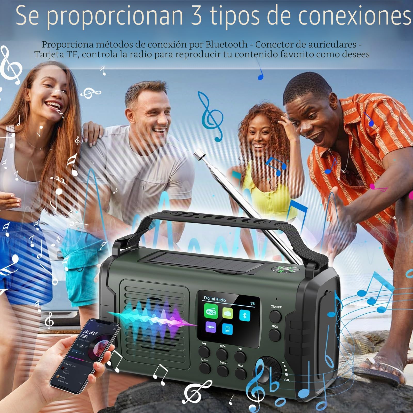 Radio Solar de Manivela 20000mAh con Bluetooth Dab/FM, Linterna & Luz de Lectura, Cargador USB para Móvil, Alarma SOS, Ranura TF, Auricular, Radio Portátil de Emergencia para Camping y Exteriores