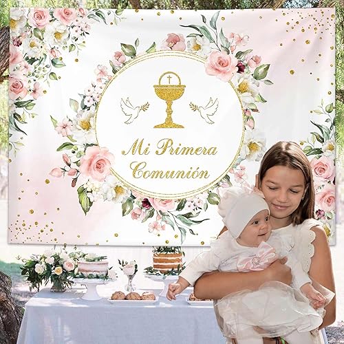 Miniatura 5 de MEHOFOND Telón de fondo de bautismo mexicano Mi Primera Comunión Bautizo Oro Purpurina Floral Dios bendiga Banner Primera Comunión Fondo Fotografía