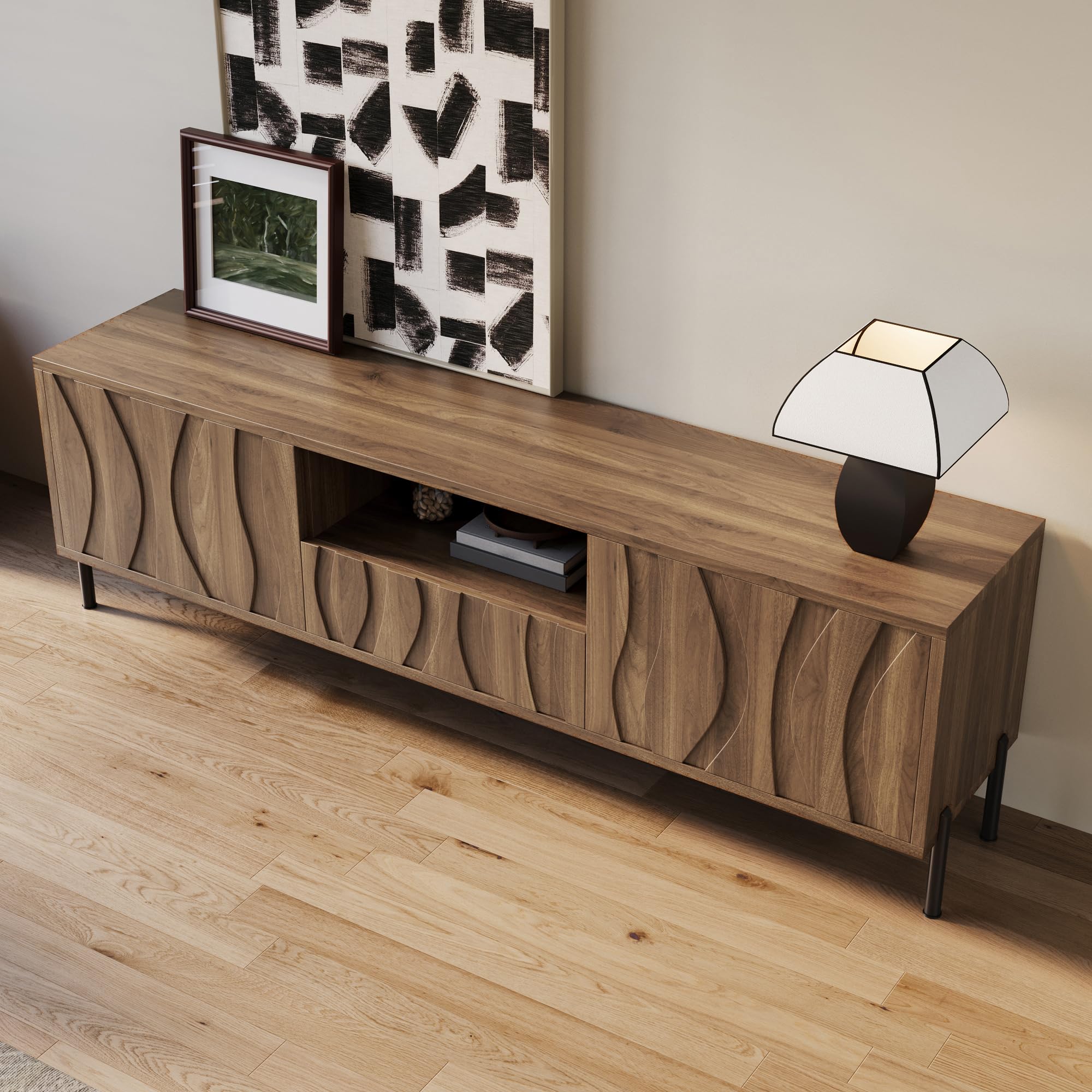 Mueble de TV de 160 cm con 3 puertas y espacio de almacenamiento, con gestión de cables, en madera natural