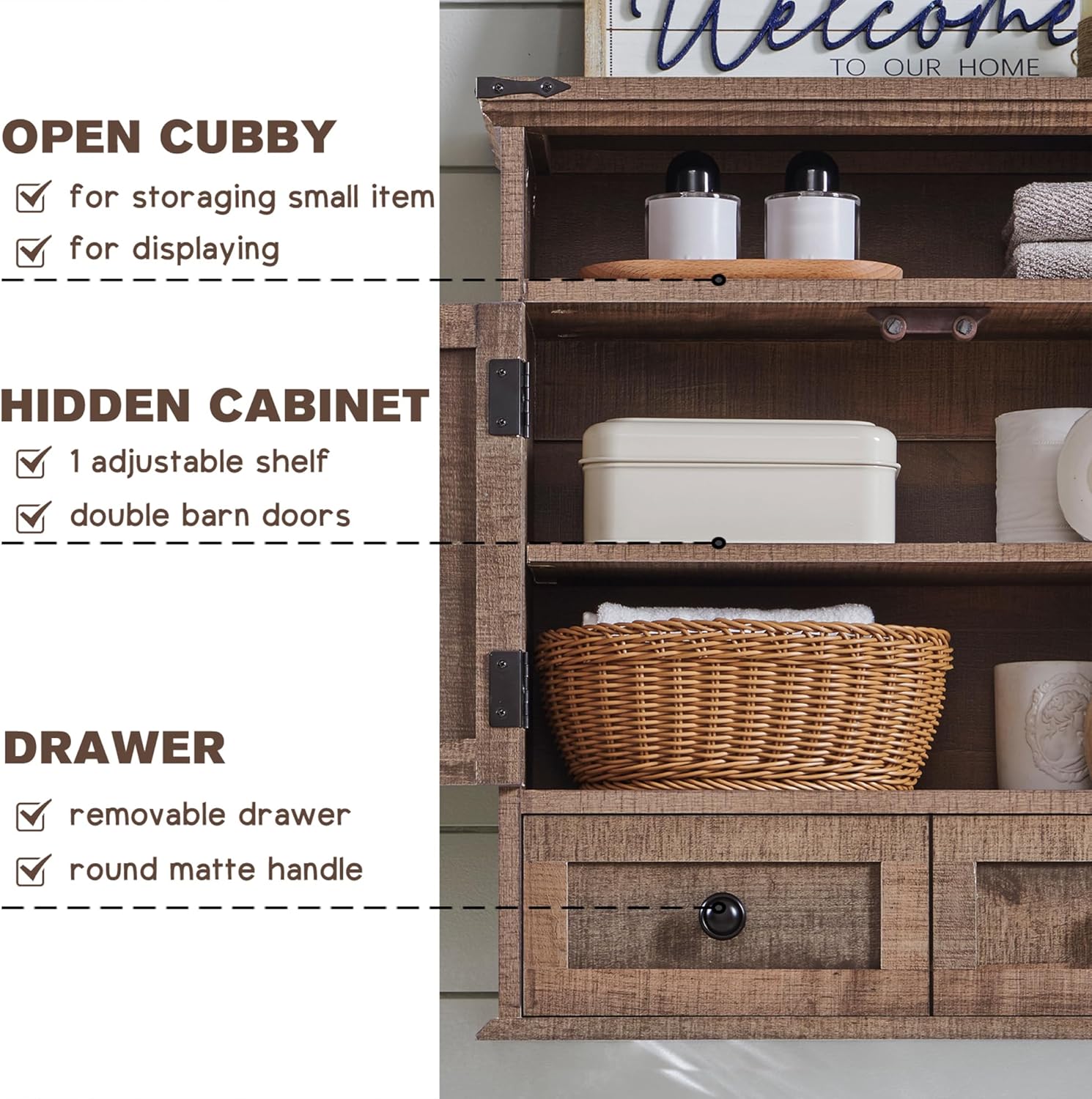 Rustic Brown Farmhouse Bathroom Wall Cabinet with Barn Doors