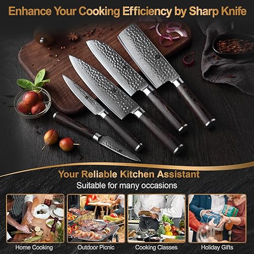 Miniatura 7 de XINZUO Juego de cuchillos para carne de 5 pulgadas, 4,67 capas forjados de damasco con caja de regalo, ultra afilados, mango de madera de Pakka